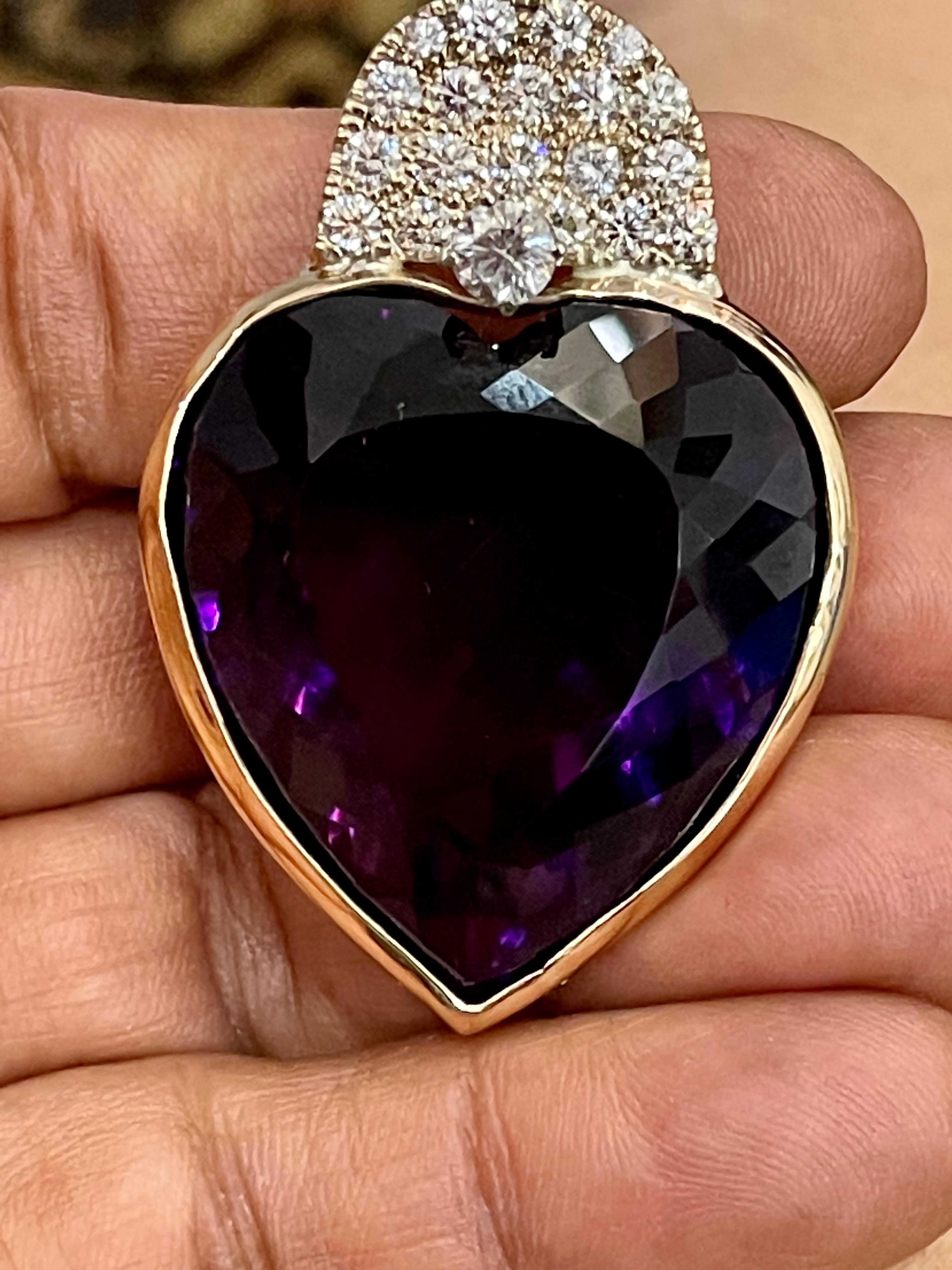 103 Carat Heart Shape Amethyst & 3 Ct Diamond Pendant Necklace 14 Kt Yellow Gold 5