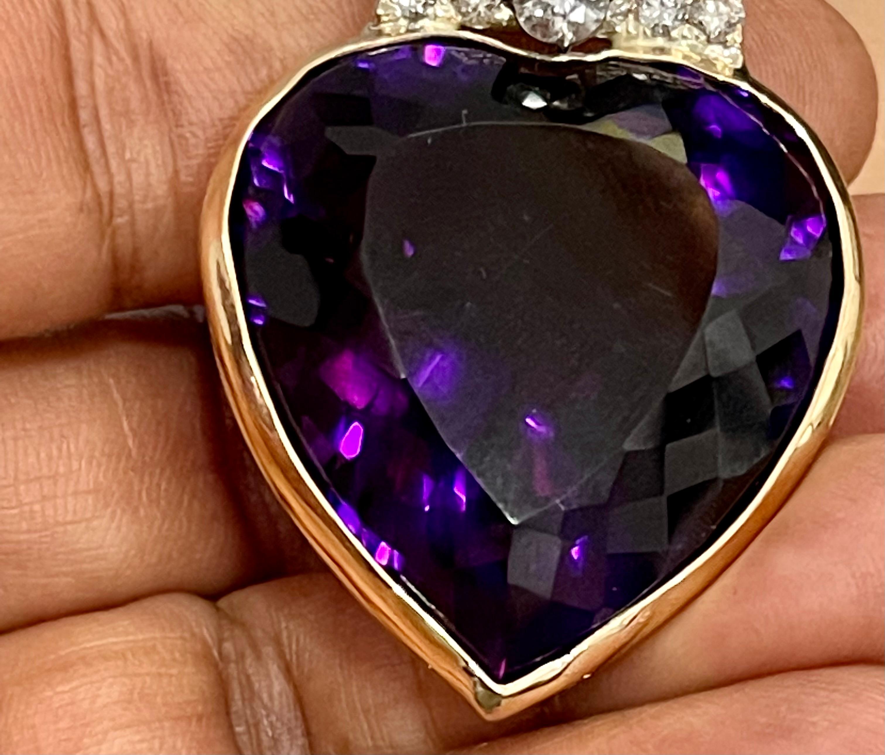 103 Carat Heart Shape Amethyst & 3 Ct Diamond Pendant Necklace 14 Kt Yellow Gold 6