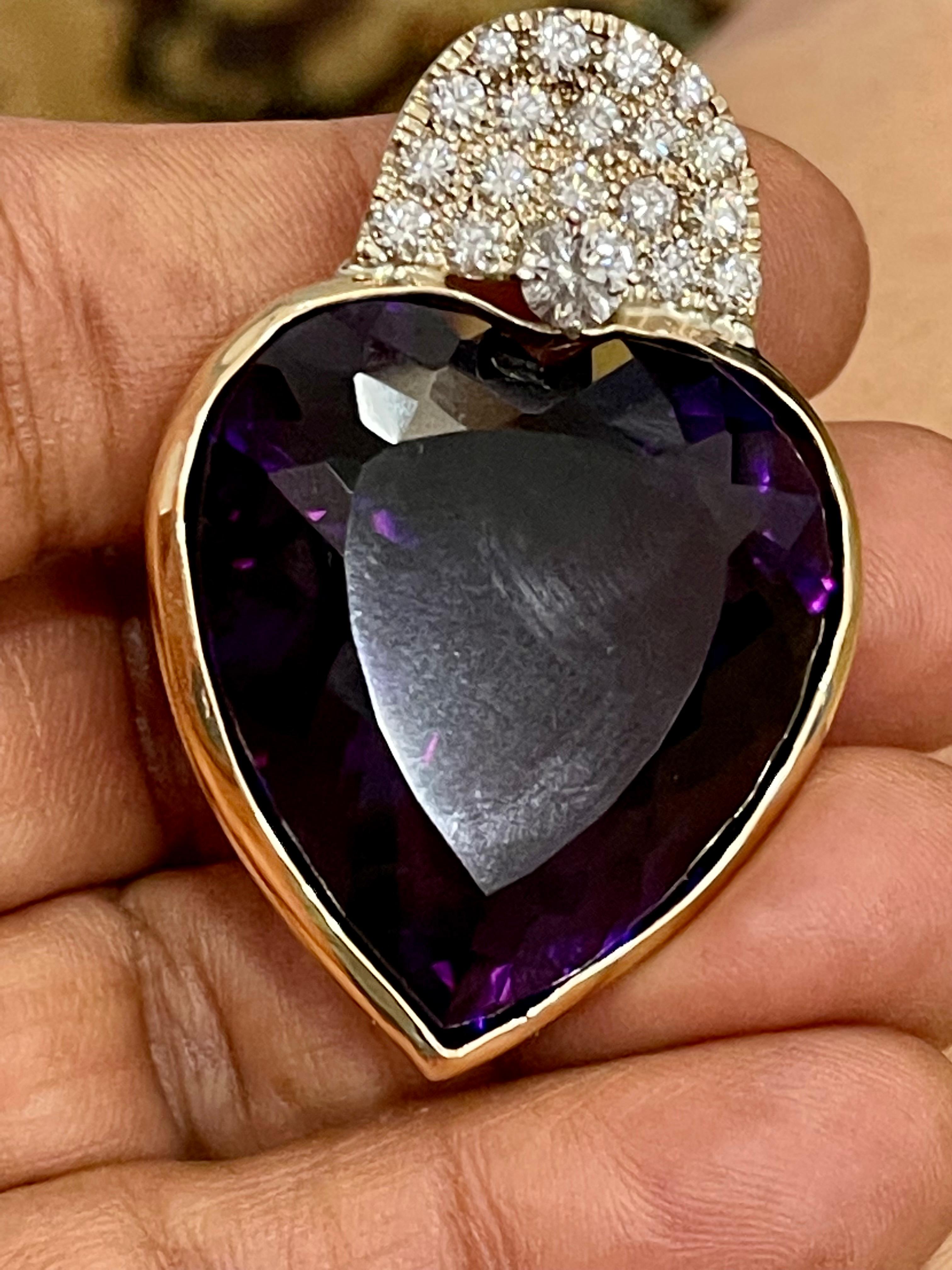 103 Carat Heart Shape Amethyst & 3 Ct Diamond Pendant Necklace 14 Kt Yellow Gold 7