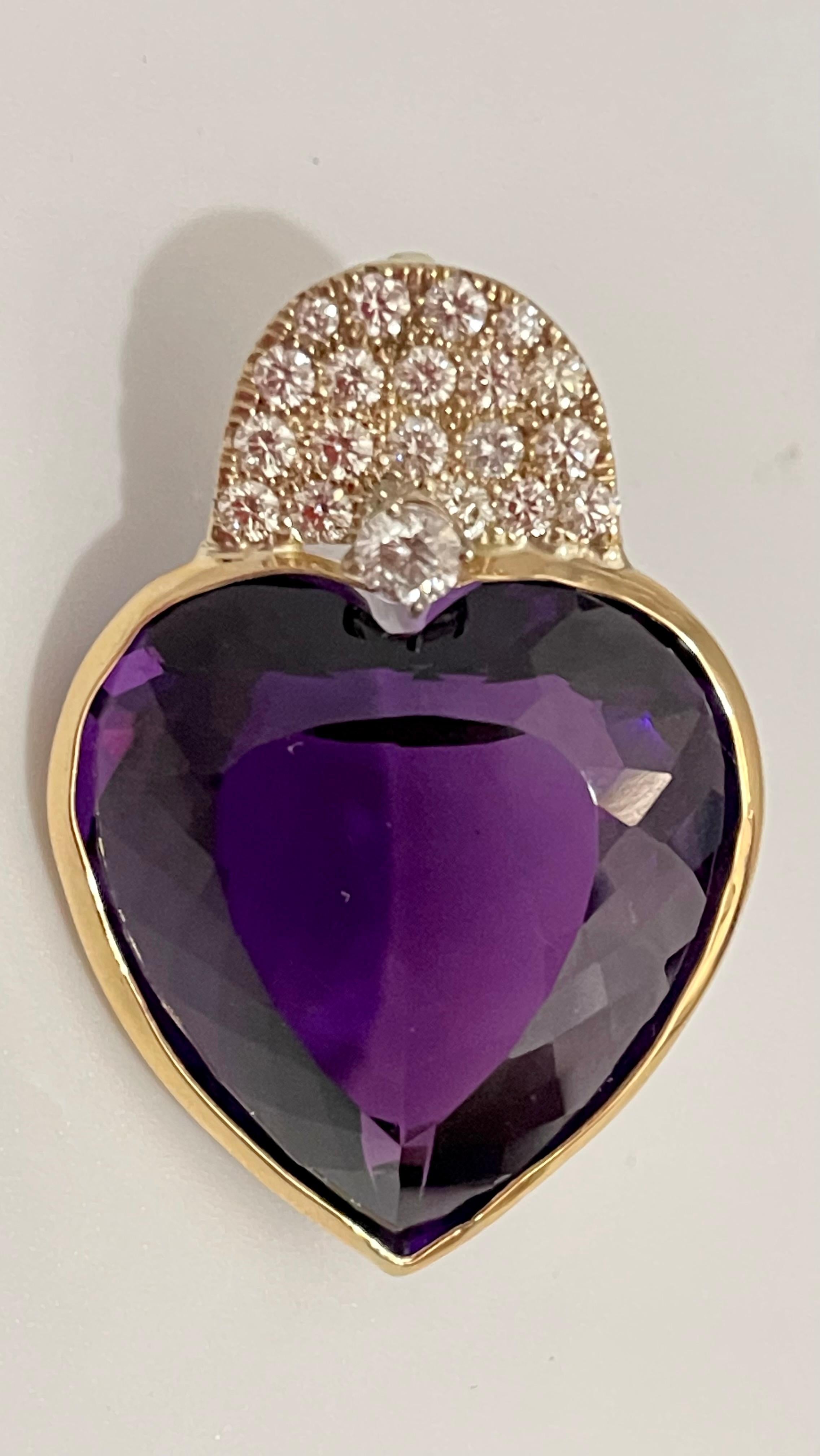 103 Carat Heart Shape Amethyst & 3 Ct Diamond Pendant Necklace 14 Kt Yellow Gold 8