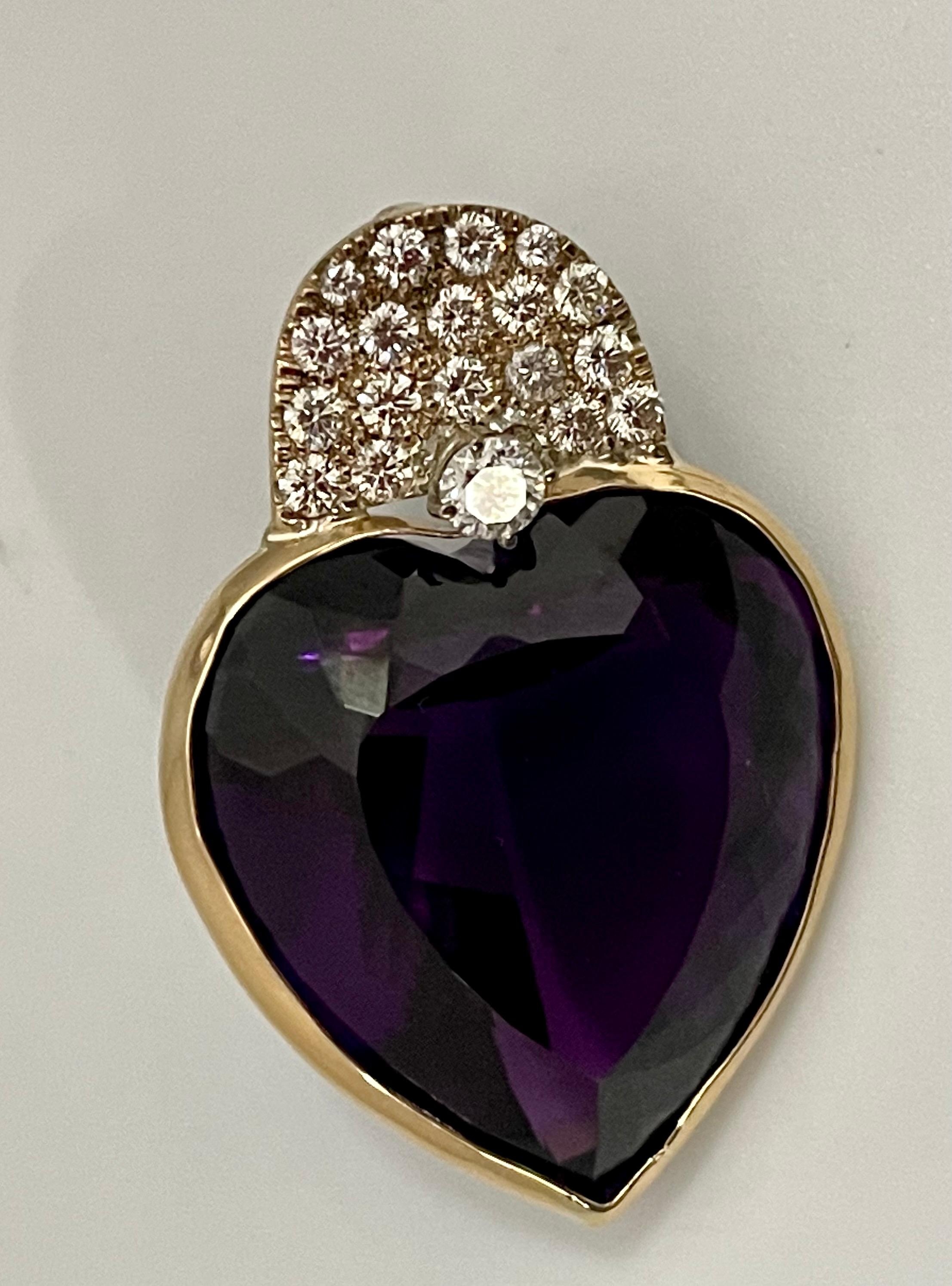 103 Carat Heart Shape Amethyst & 3 Ct Diamond Pendant Necklace 14 Kt Yellow Gold 11