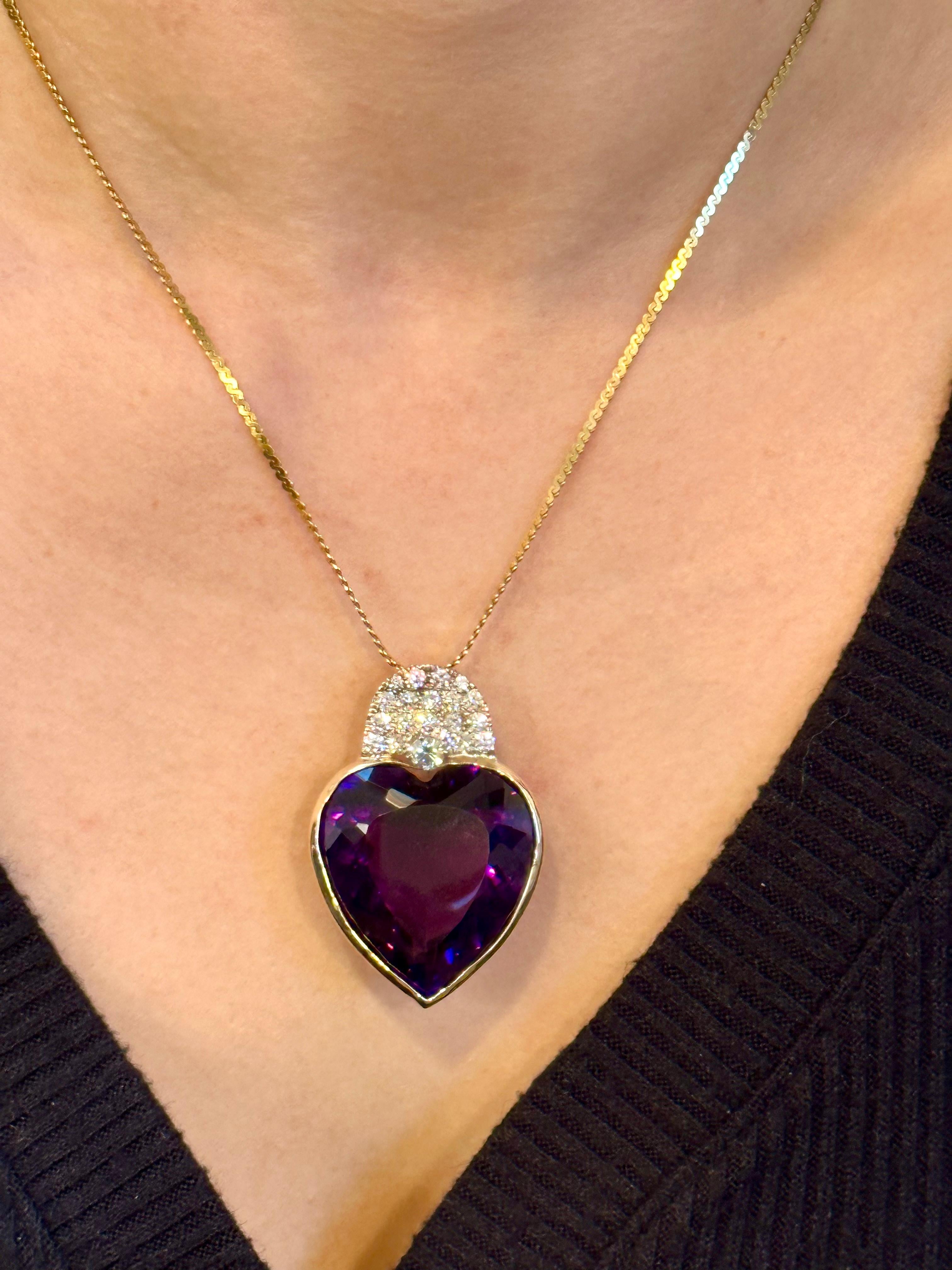 103 Carat Heart Shape Amethyst & 3 Ct Diamond Pendant Necklace 14 Kt Yellow Gold 12