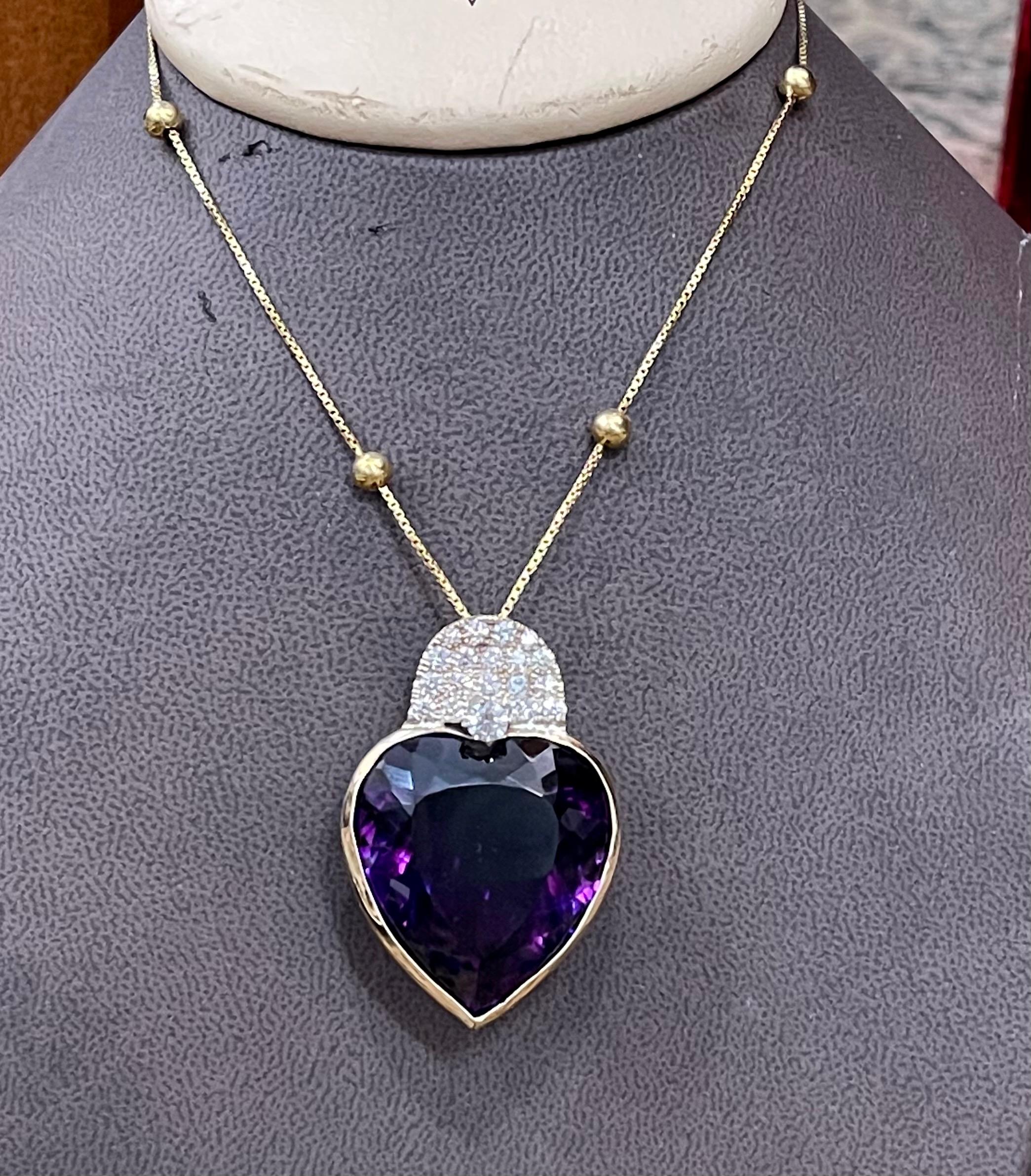 Heart Cut 103 Carat Heart Shape Amethyst & 3 Ct Diamond Pendant Necklace 14 Kt Yellow Gold