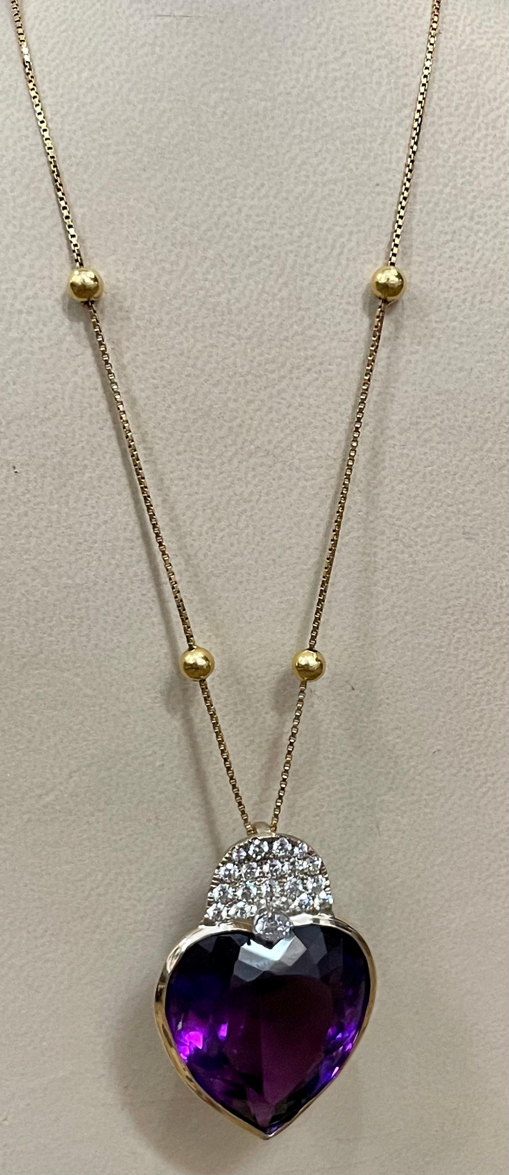 Women's 103 Carat Heart Shape Amethyst & 3 Ct Diamond Pendant Necklace 14 Kt Yellow Gold