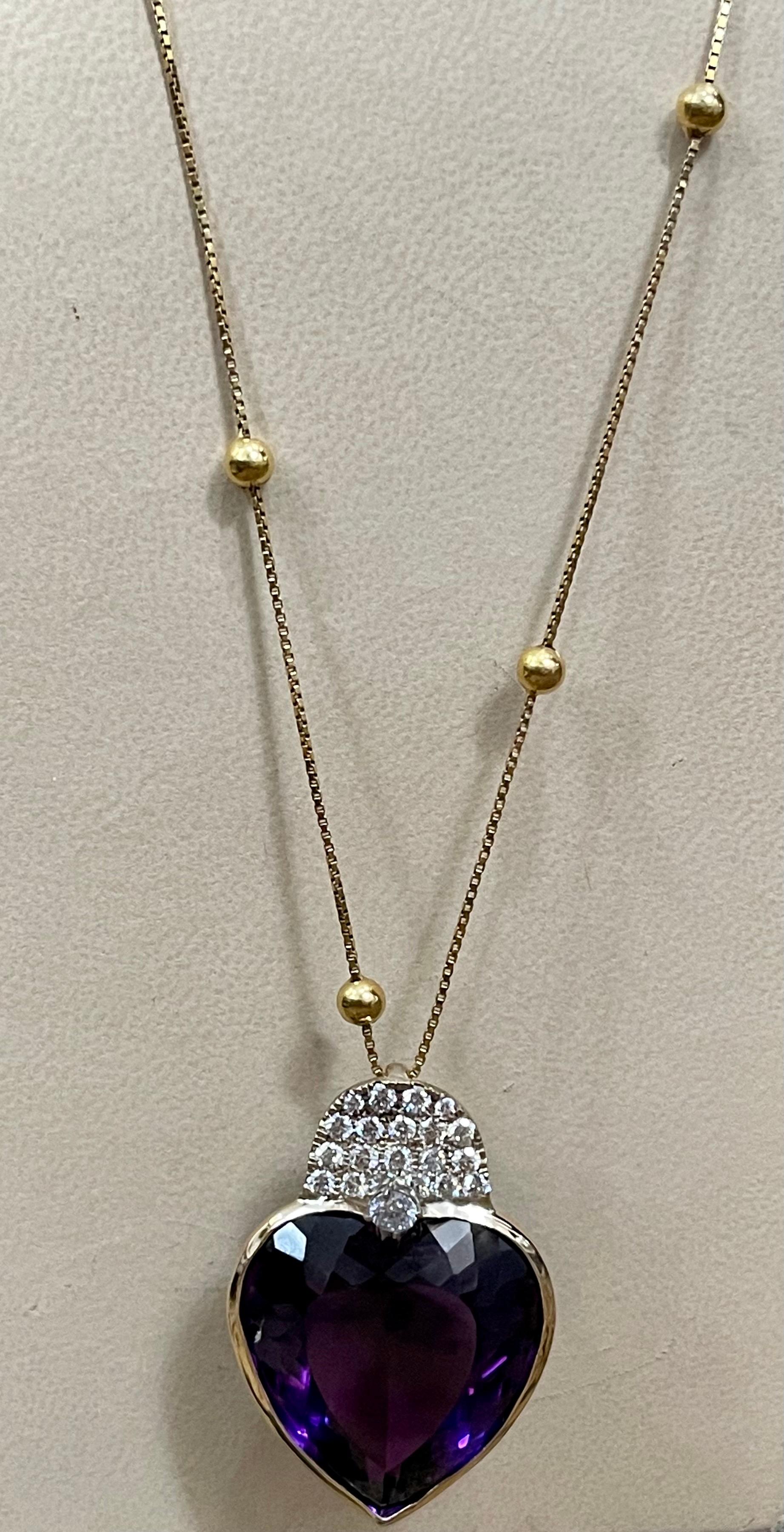 103 Carat Heart Shape Amethyst & 3 Ct Diamond Pendant Necklace 14 Kt Yellow Gold 1