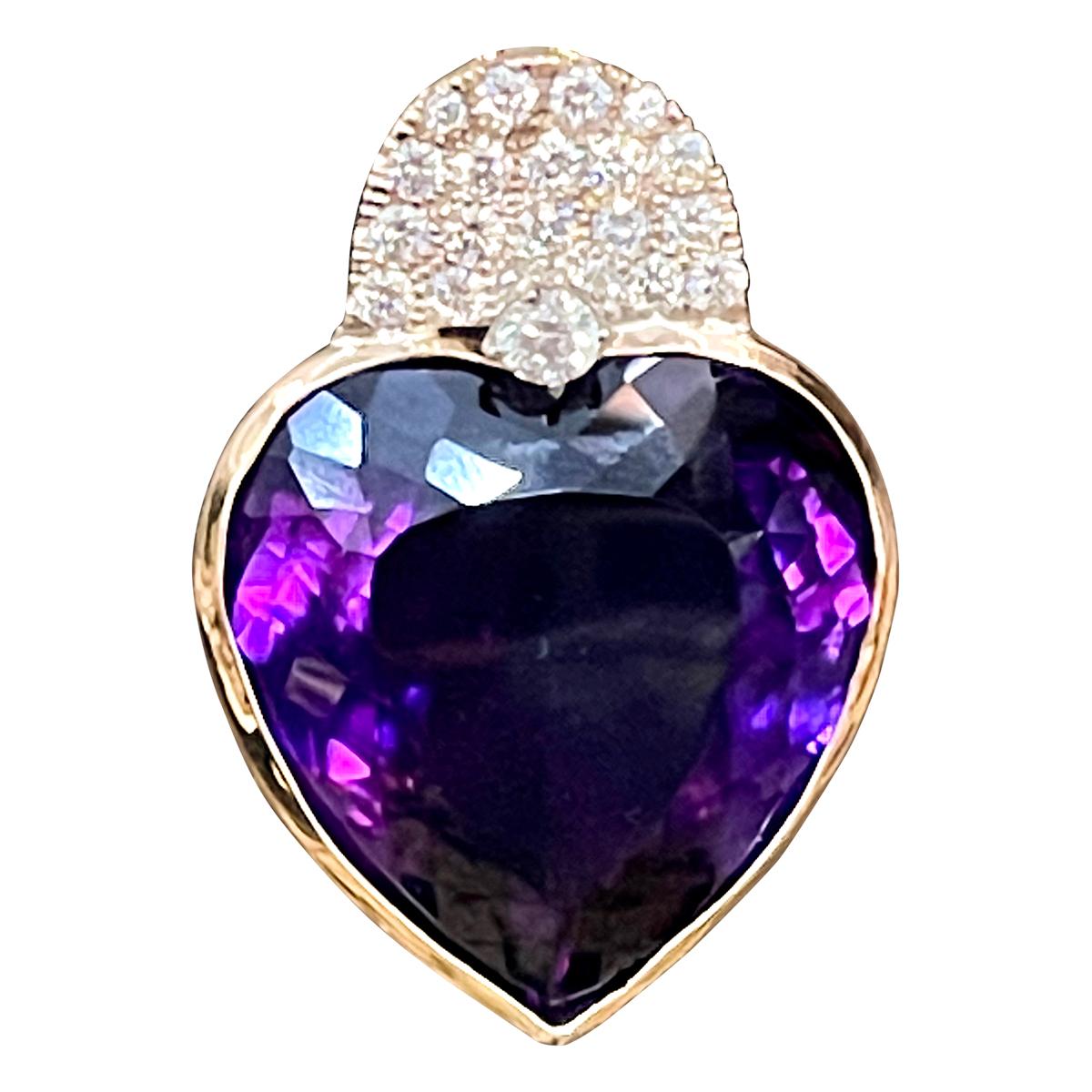 103 Carat Heart Shape Amethyst & 3 Ct Diamond Pendant Necklace 14 Kt Yellow Gold