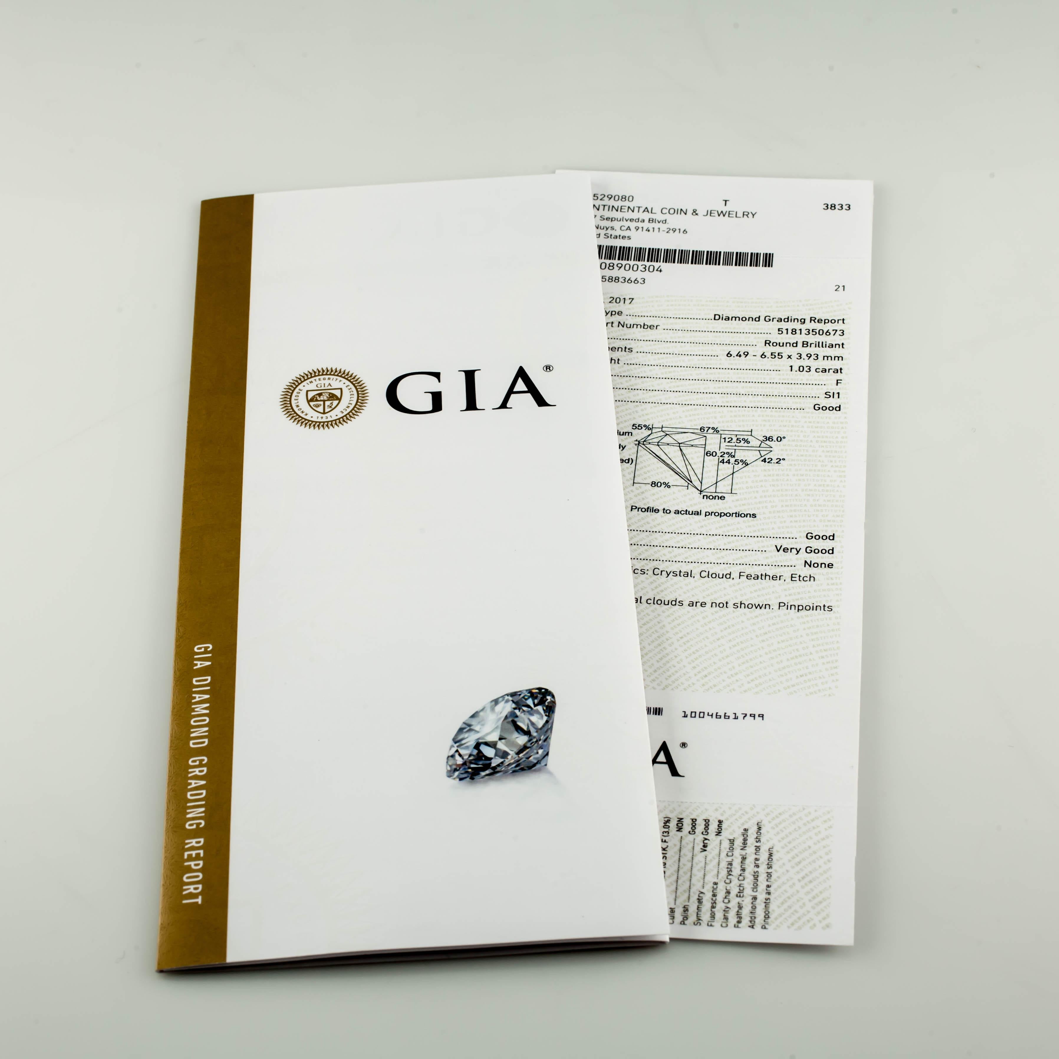 1.03 Carat Loose F / SI1 Round Brilliant Cut Diamond GIA Certified For Sale 1