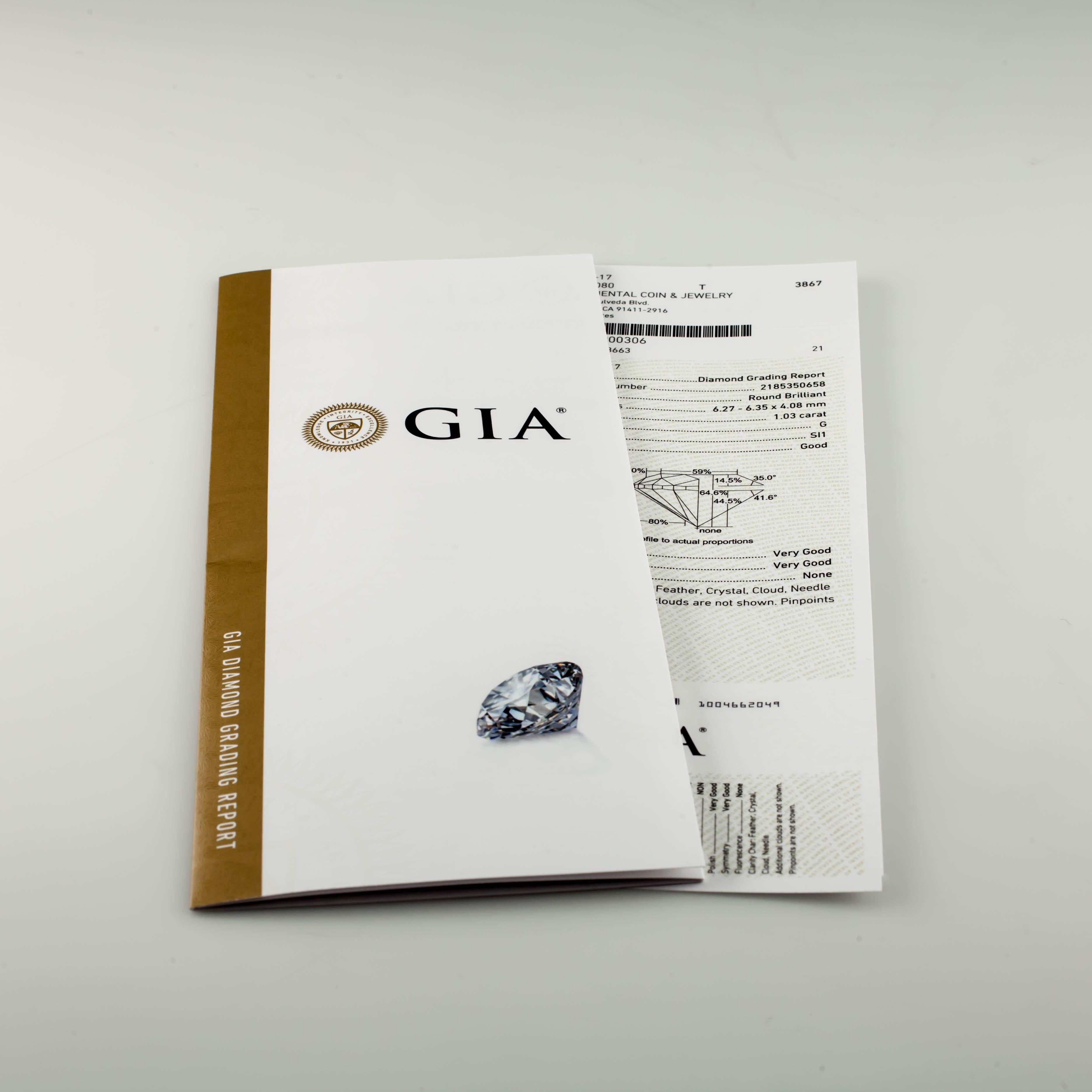 Diamant taille ronde brillant de 1,03 carat non serti G / SI1 certifié GIA en vente 1