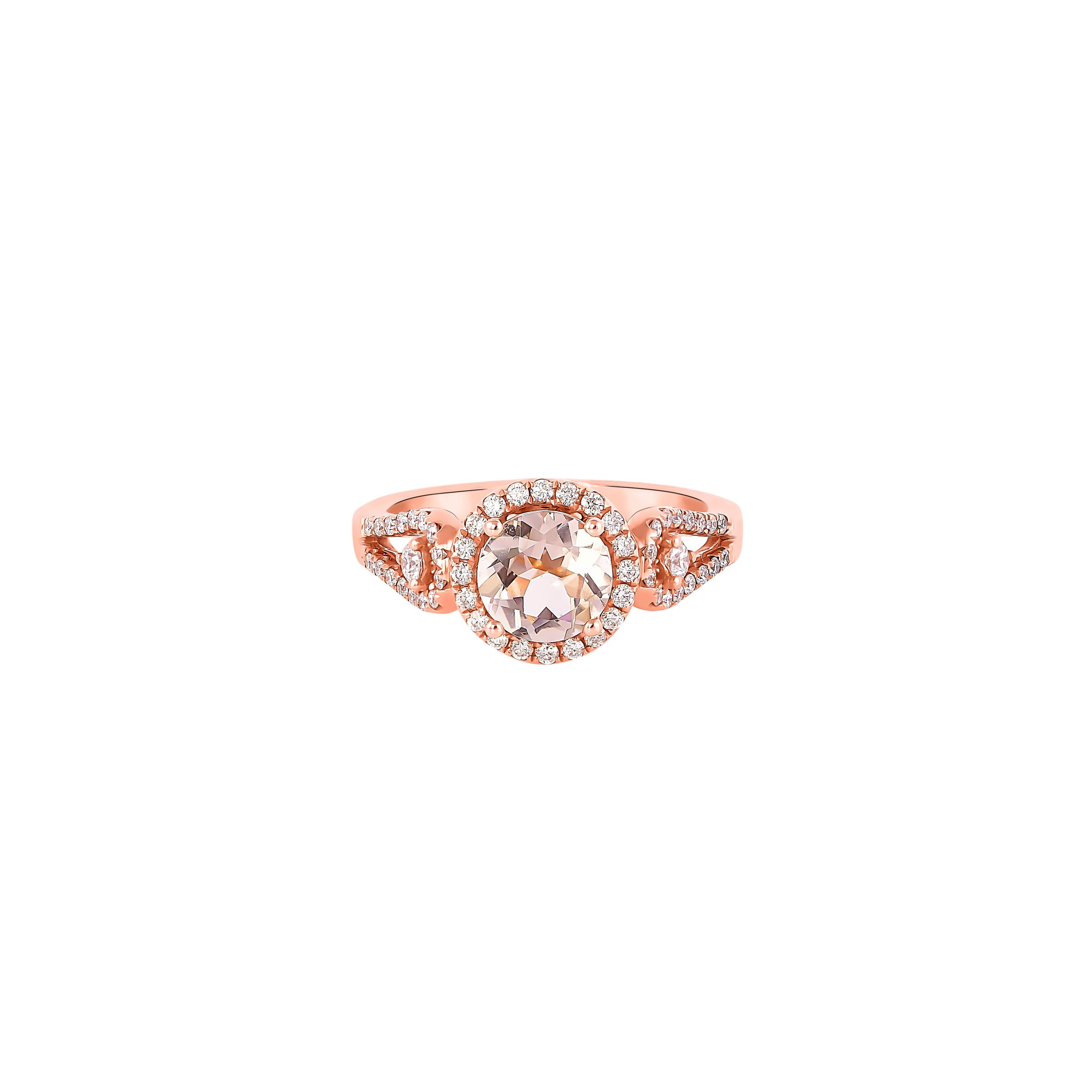 This collection features an array of magnificent morganites! Accented with Diamonds these rings are made in rose gold and present a classic yet elegant look. 

Classic morganite ring in 18K Rose gold with Diamond. 

Morganite: 1.03 carat, 7.00mm