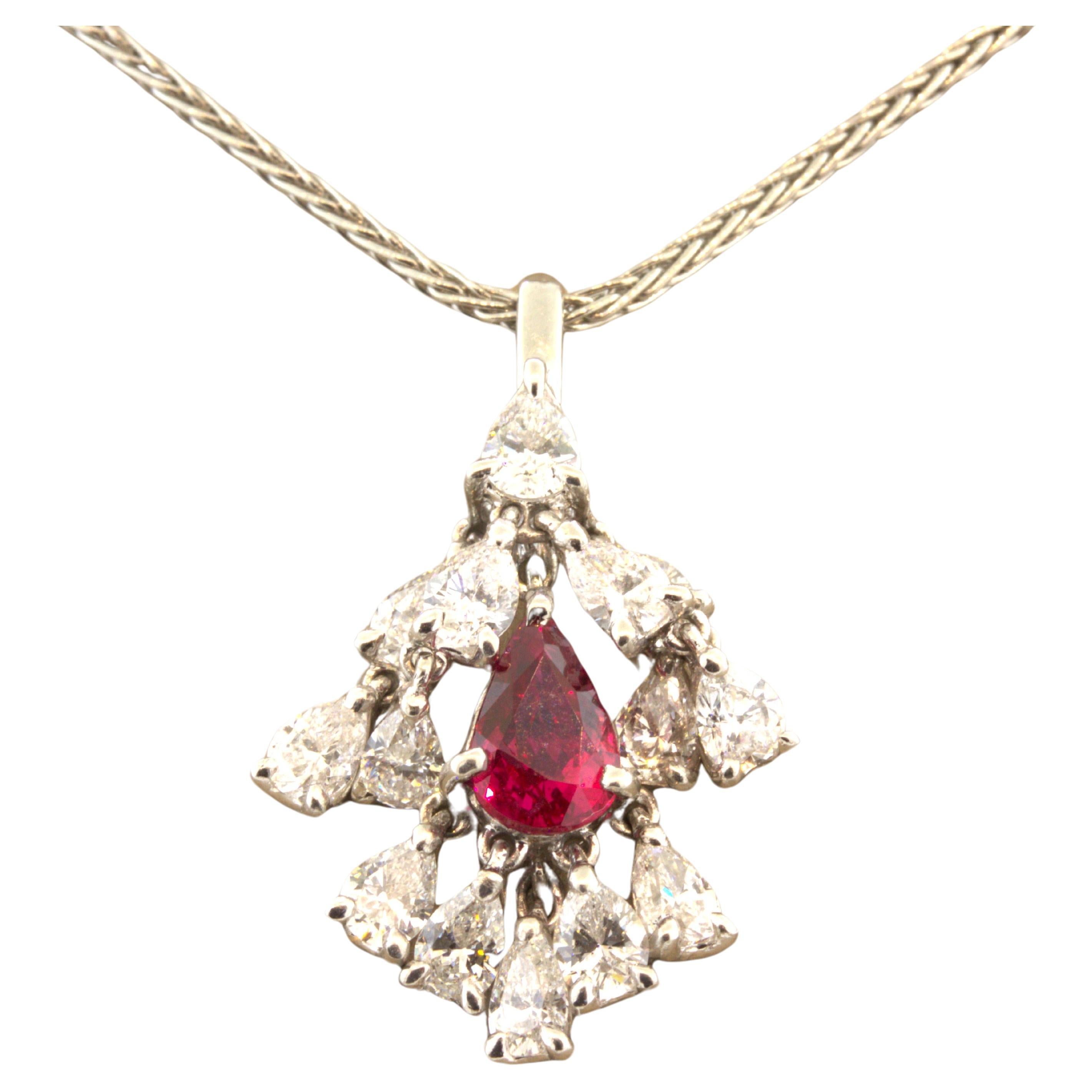 1.03 Carat N0-Heat Ruby Diamond Drop Platinum Pendant, GIA Certified