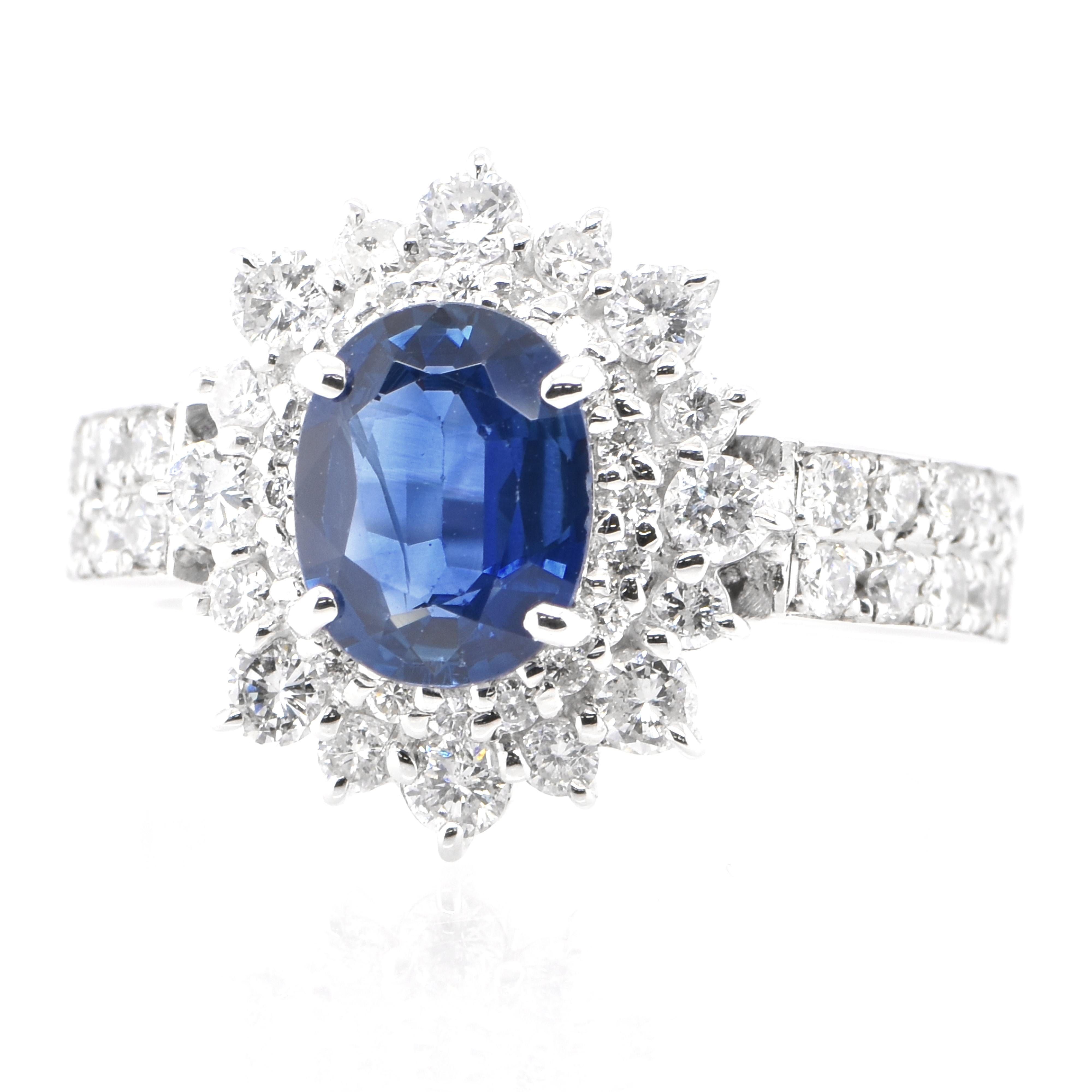 A beautiful ring featuring 1.03 Carat, Natural Sapphire and Diamond Accents set in Platinum. Sapphires have extraordinary durability - they excel in hardness as well as toughness and durability making them very popular in jewelry. Traditionally, the