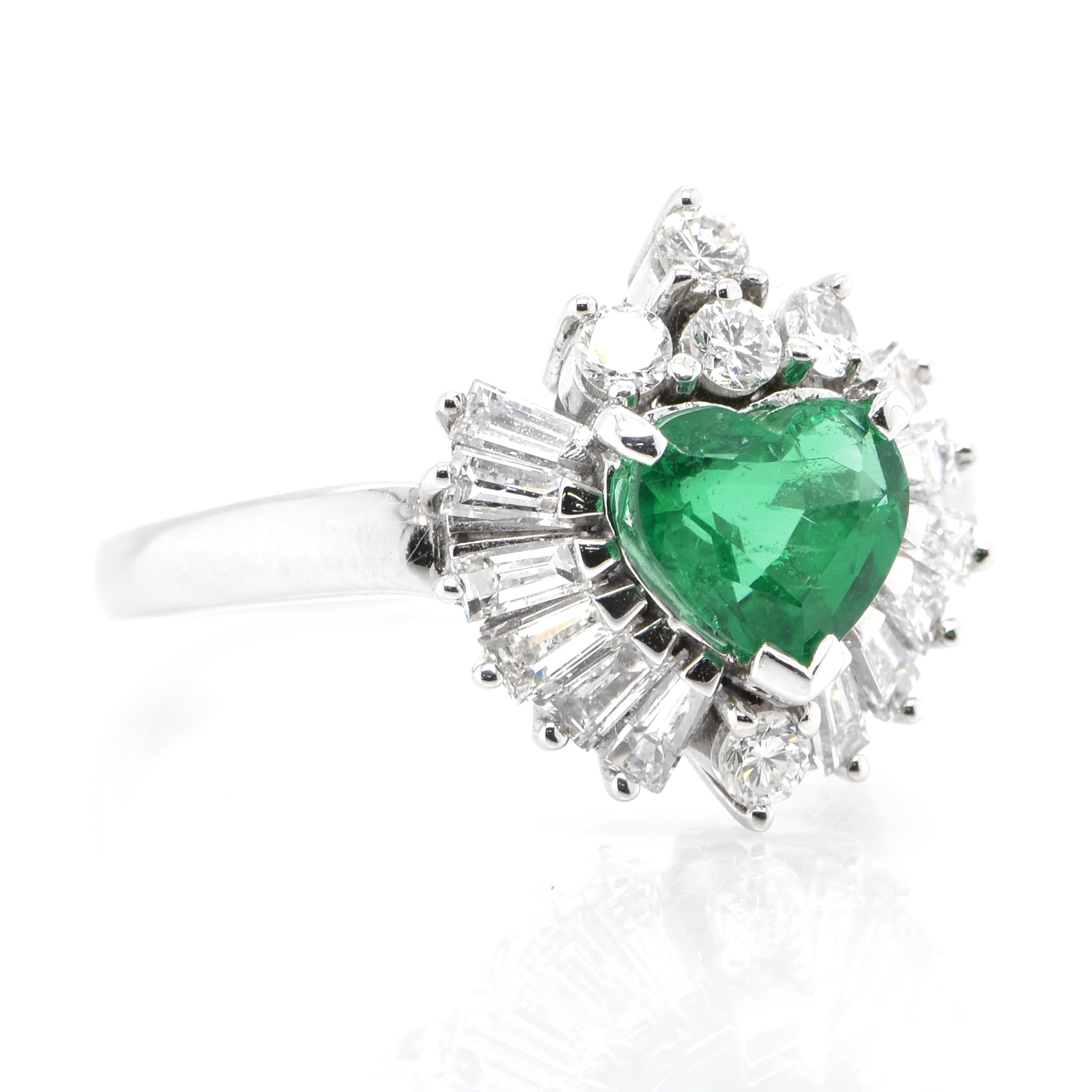 Art Deco 1.03 Carat Natural Heart Shape Emerald and Diamond Ring Set in Platinum