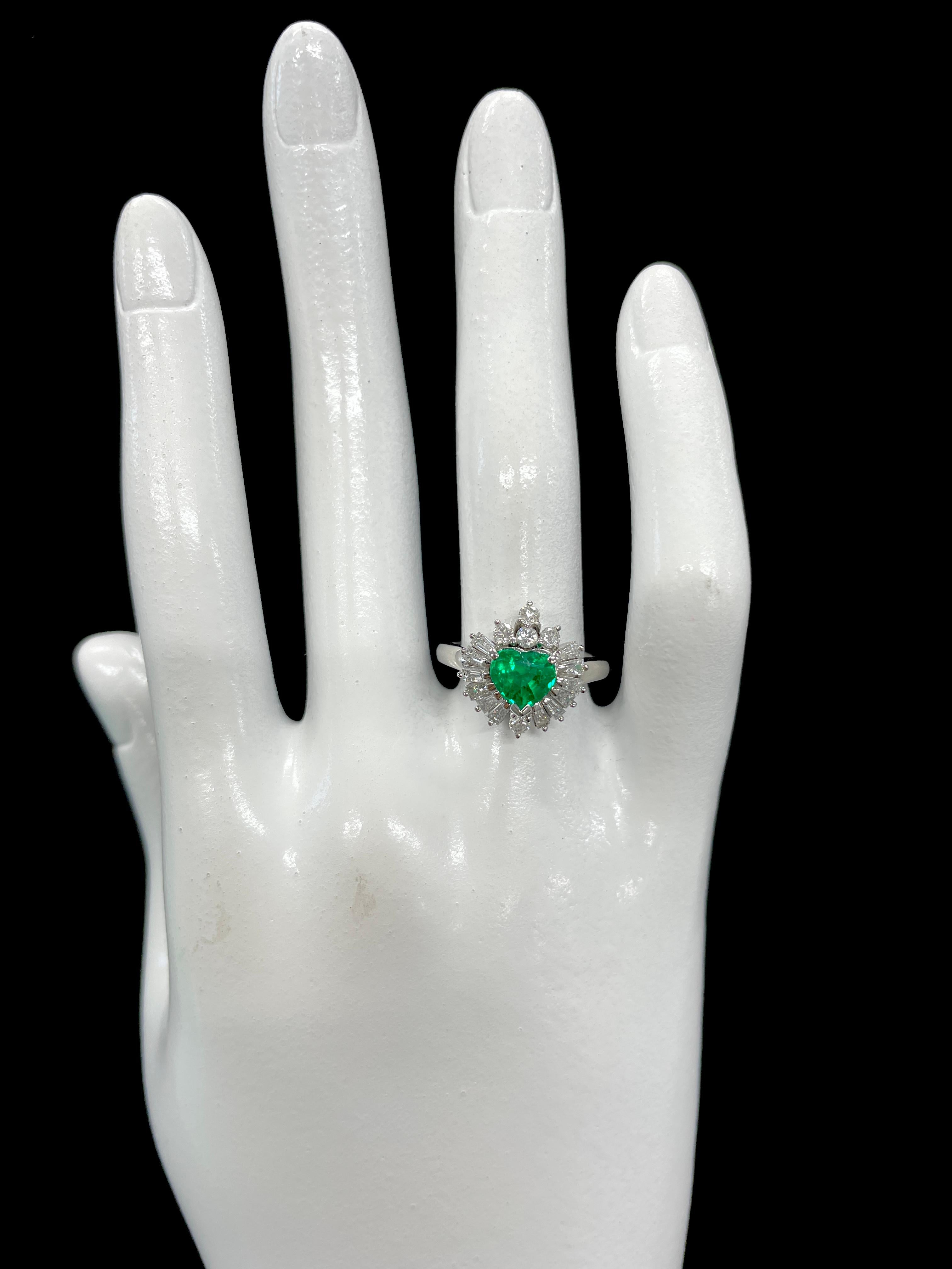 1.03 Carat Natural Heart Shape Emerald and Diamond Ring Set in Platinum 1