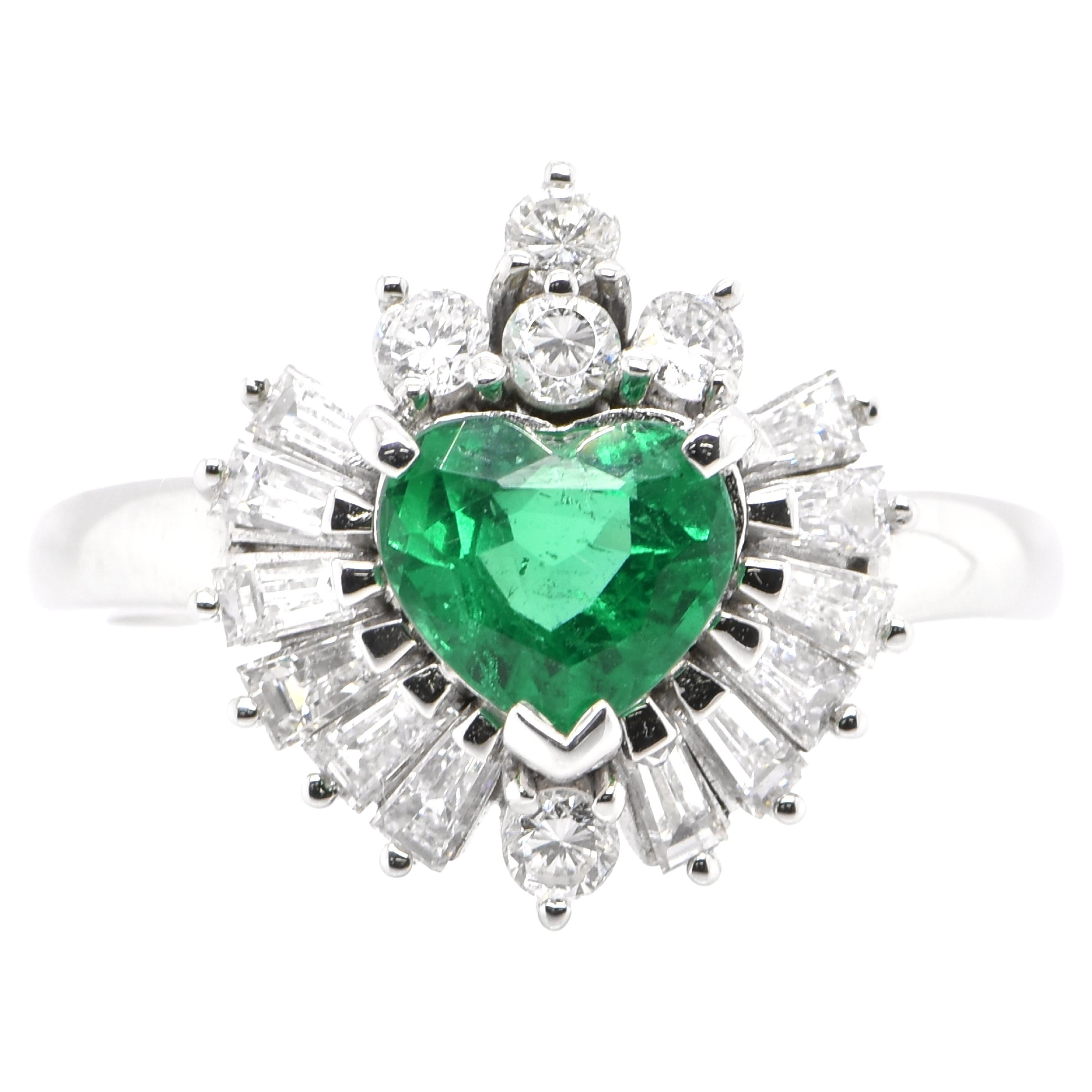 1.03 Carat Natural Heart Shape Emerald and Diamond Ring Set in Platinum