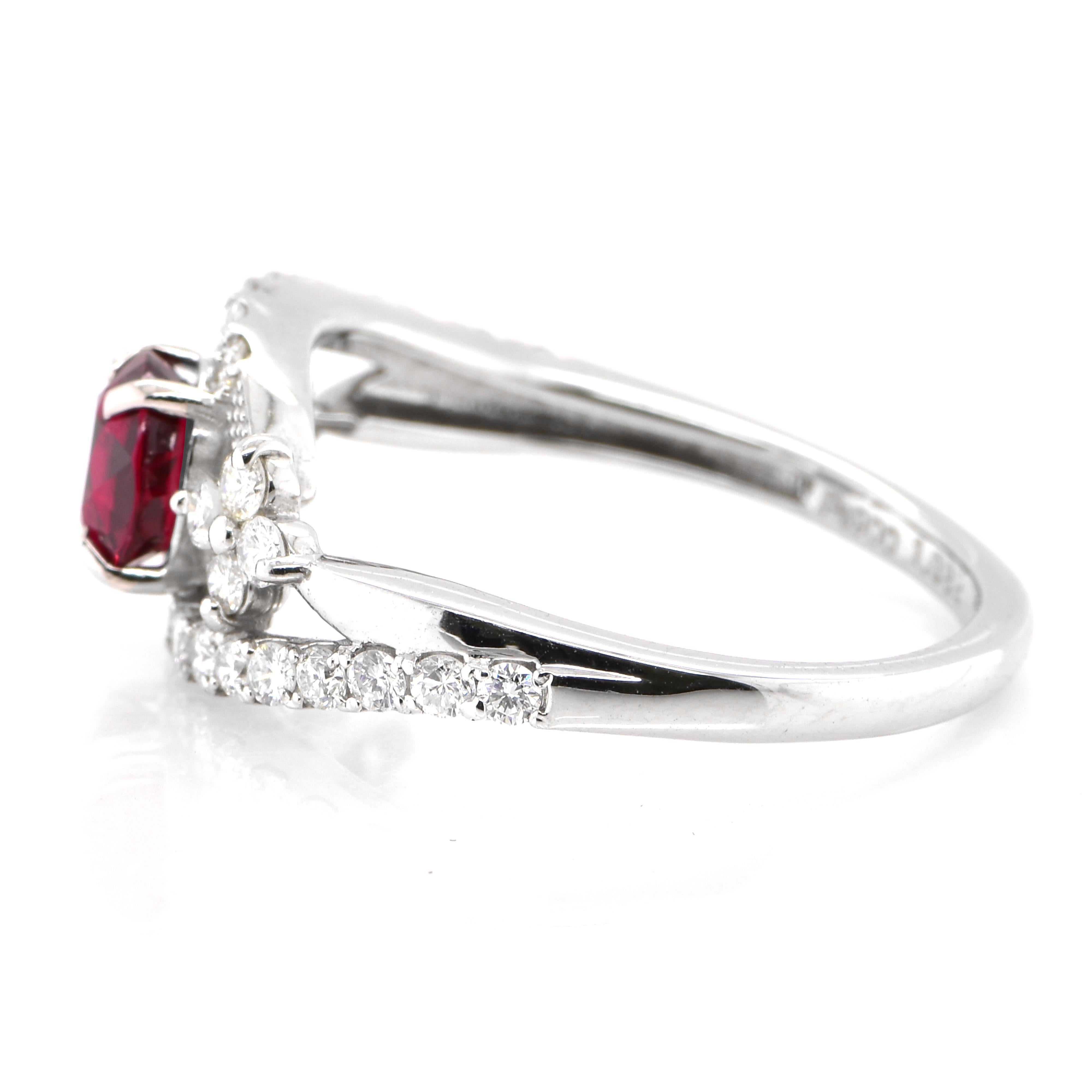 Modern 1.03 Carat Natural Vivid-Red Ruby and Diamond Ring Made in Platinum For Sale