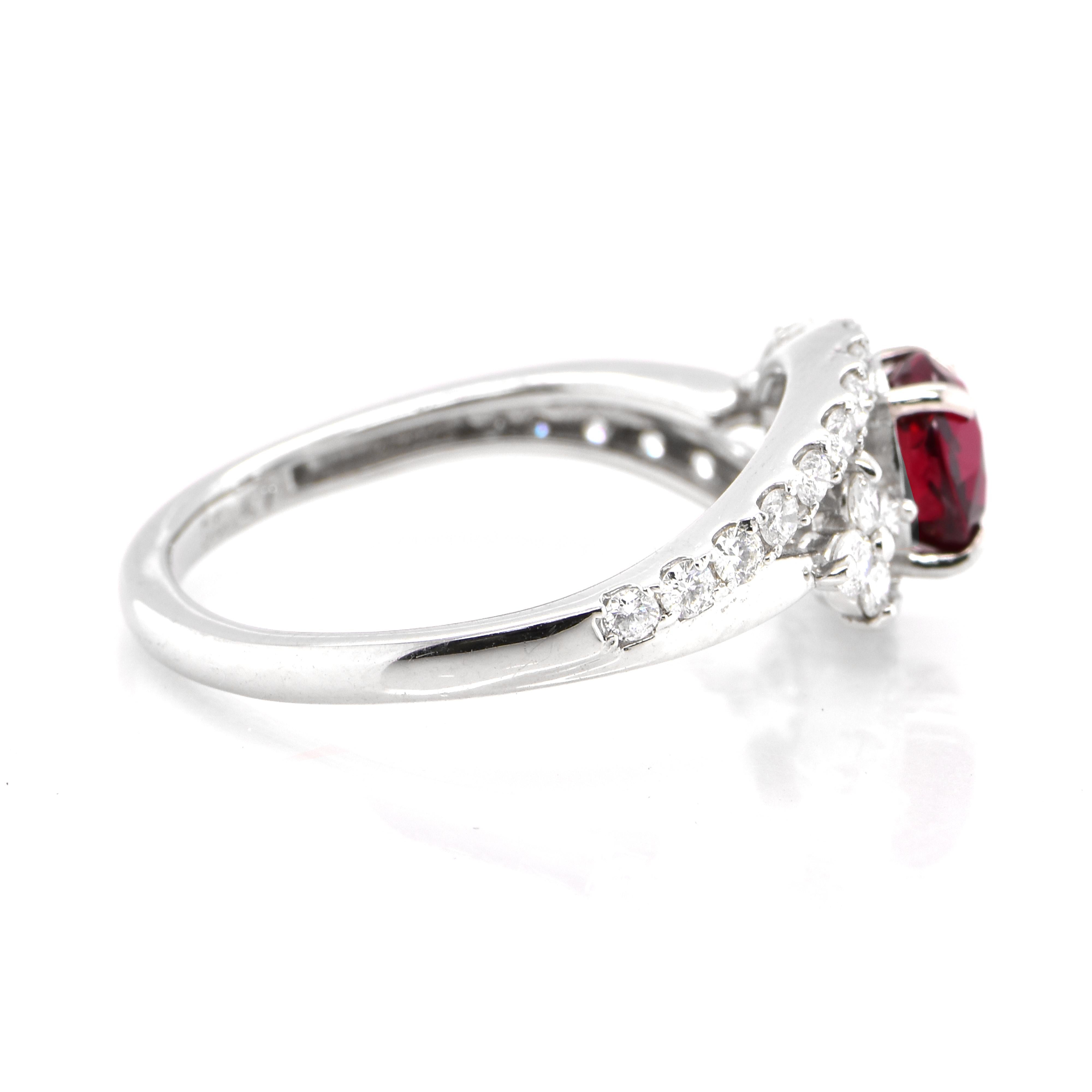 Oval Cut 1.03 Carat Natural Vivid-Red Ruby and Diamond Ring Made in Platinum For Sale