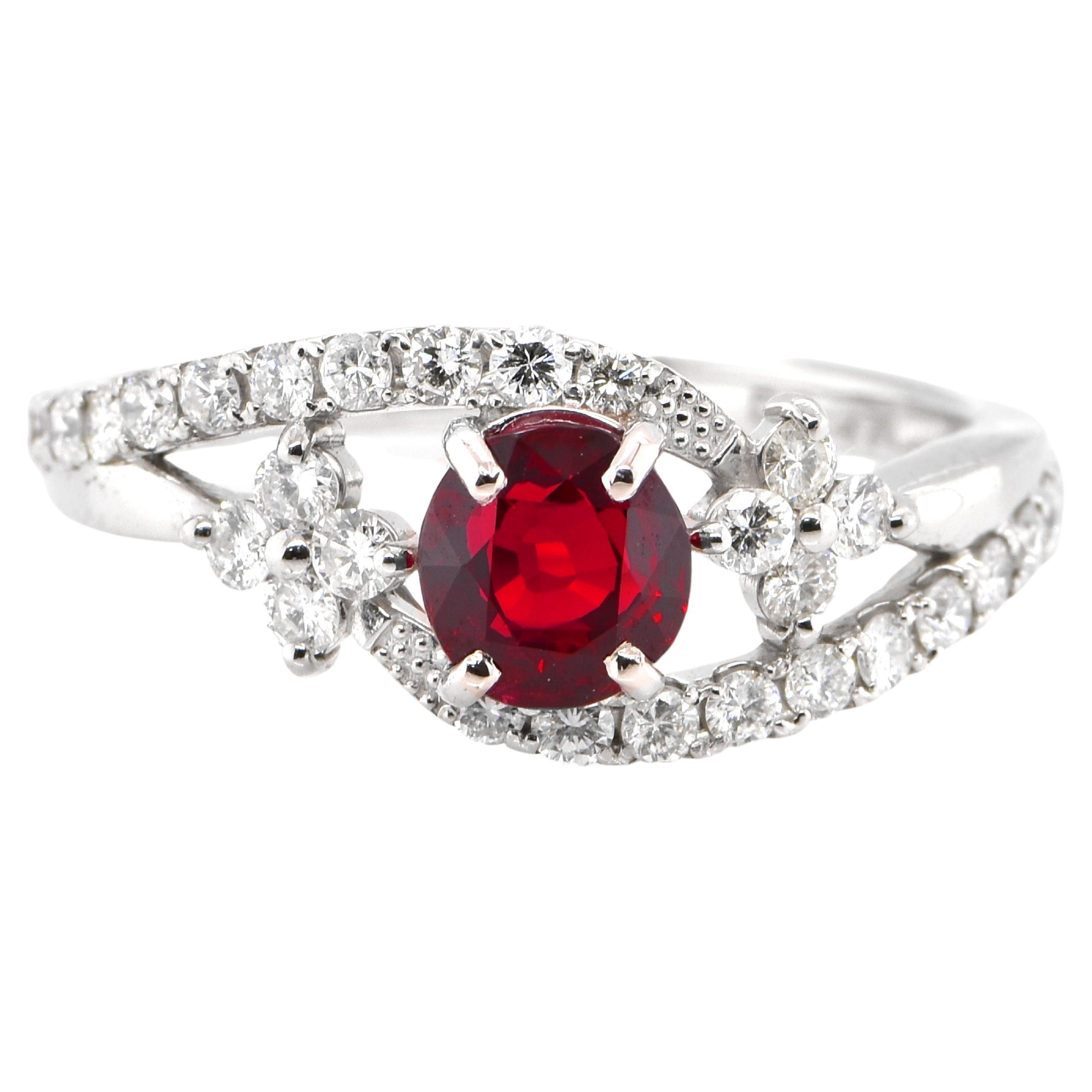 1.03 Carat Natural Vivid-Red Ruby and Diamond Ring Made in Platinum For Sale
