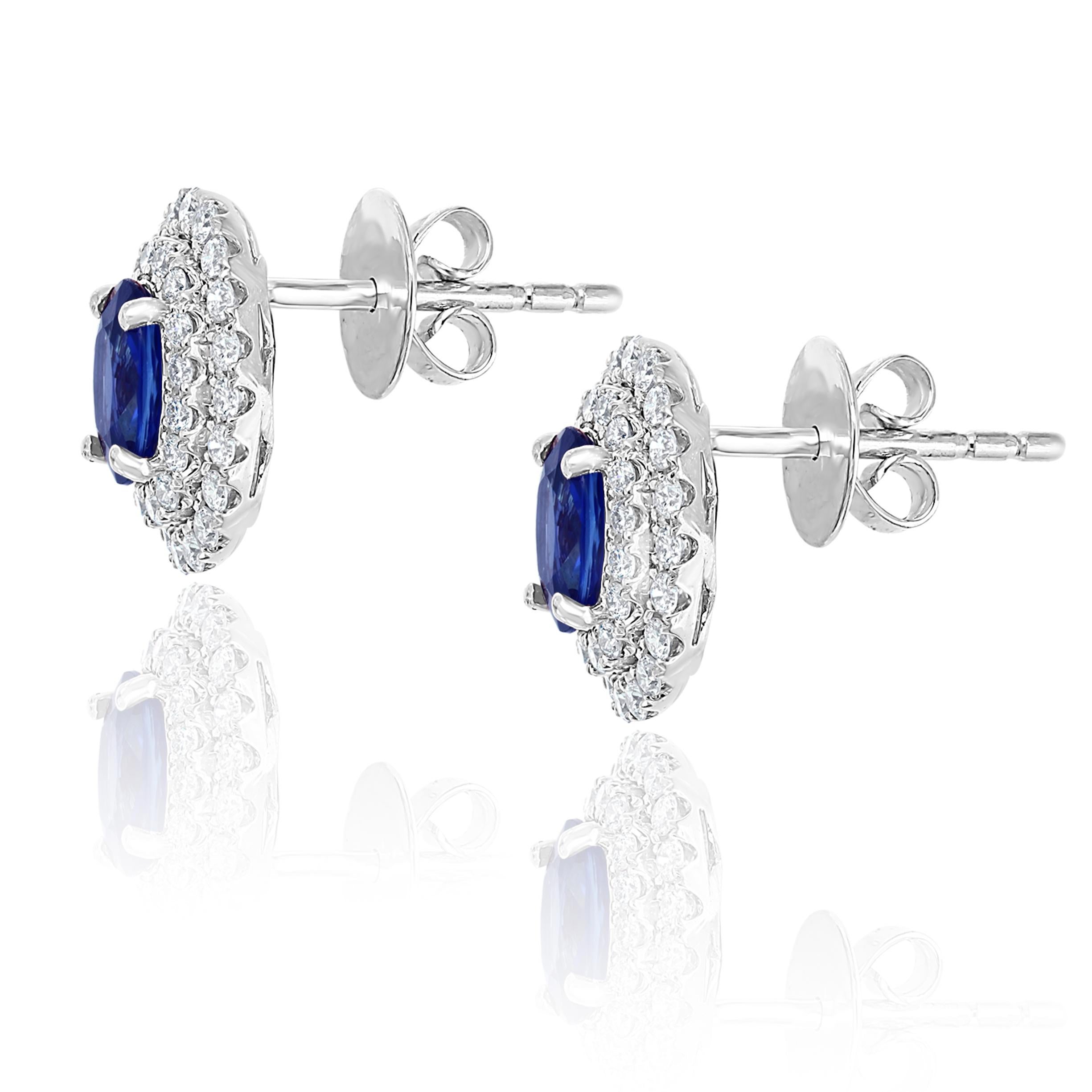 Contemporary 1.03 Carat Oval Cut Blue Sapphire and Diamond Stud Earrings in 18K White Gold For Sale