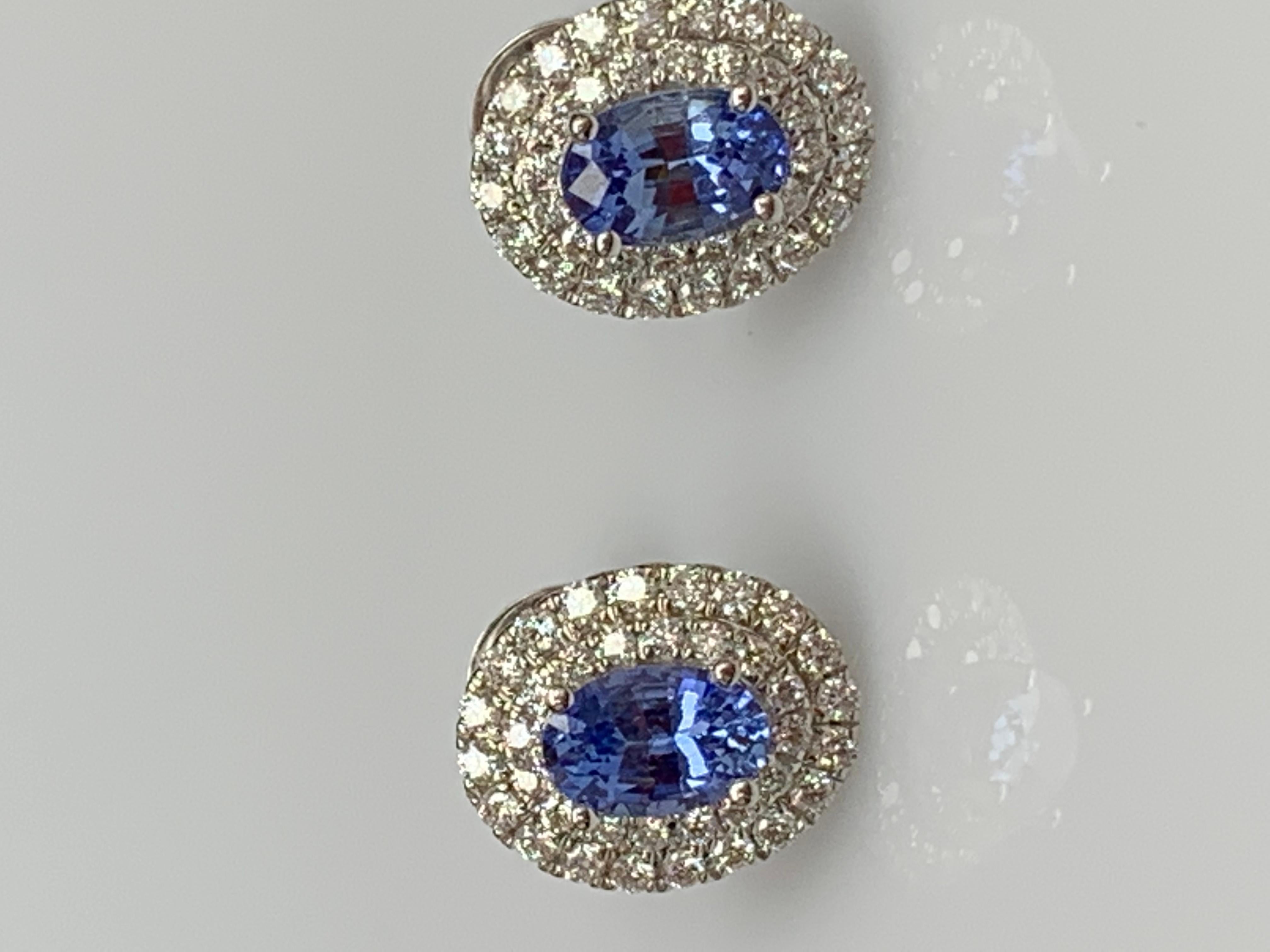 Women's 1.03 Carat Oval Cut Blue Sapphire and Diamond Stud Earrings in 18K White Gold For Sale