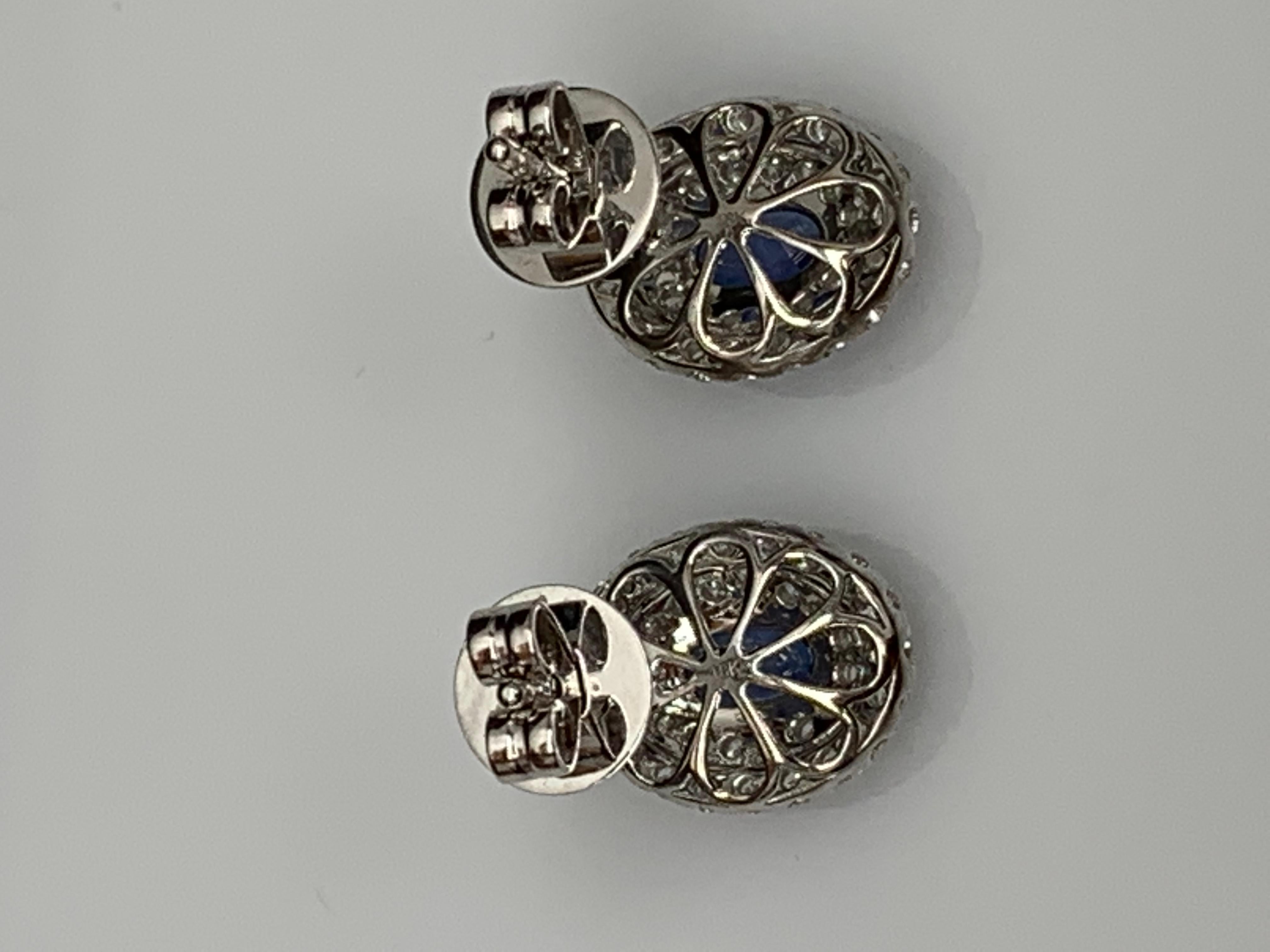 1.03 Carat Oval Cut Blue Sapphire and Diamond Stud Earrings in 18K White Gold For Sale 4
