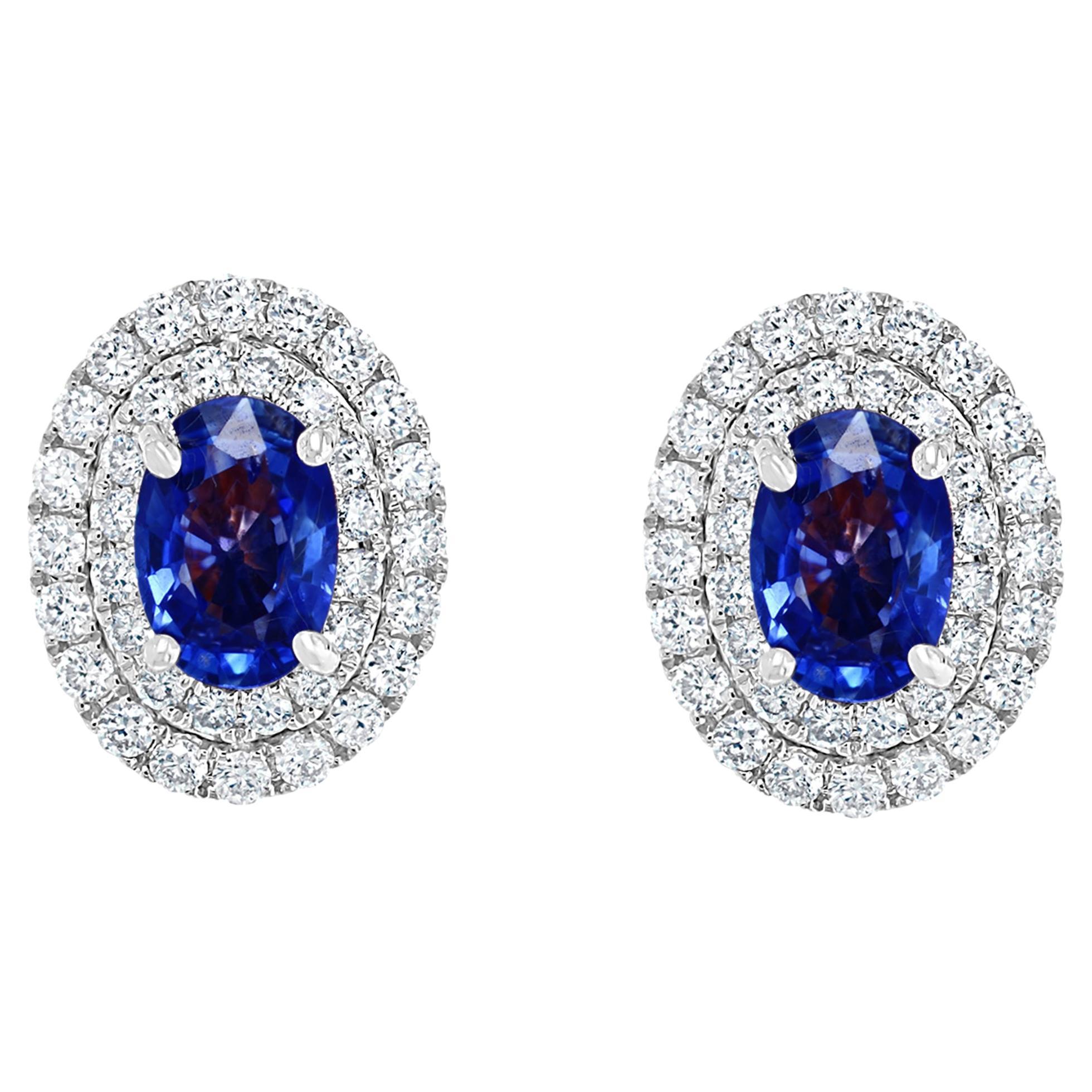 1.03 Carat Oval Cut Blue Sapphire and Diamond Stud Earrings in 18K White Gold For Sale