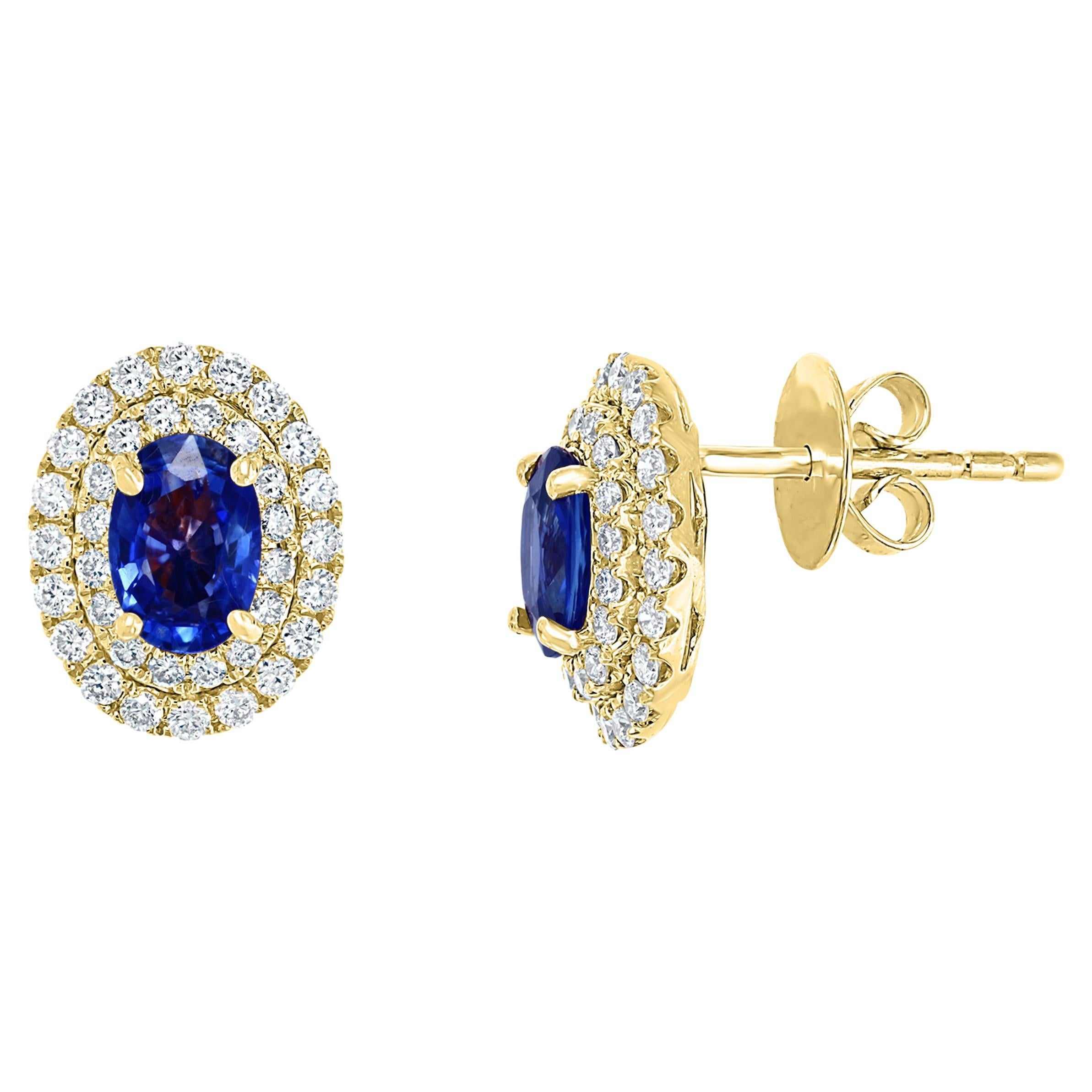 1.03 Carat Oval Cut Blue Sapphire and Diamond Stud Earrings in 18K Yellow Gold For Sale