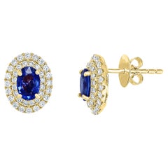 1.03 Carat Oval Cut Blue Sapphire and Diamond Stud Earrings in 18K Yellow Gold