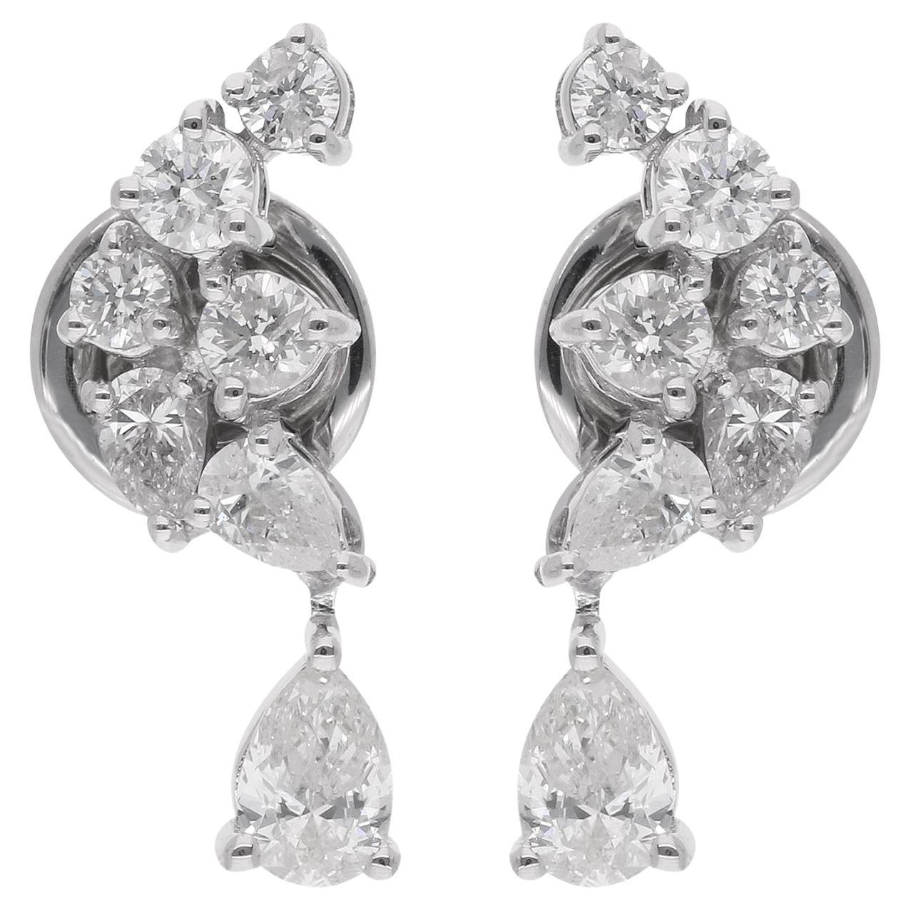 1.03 Carat Pear & Round Diamond Earrings 18 Karat Solid White Gold Fine Jewelry