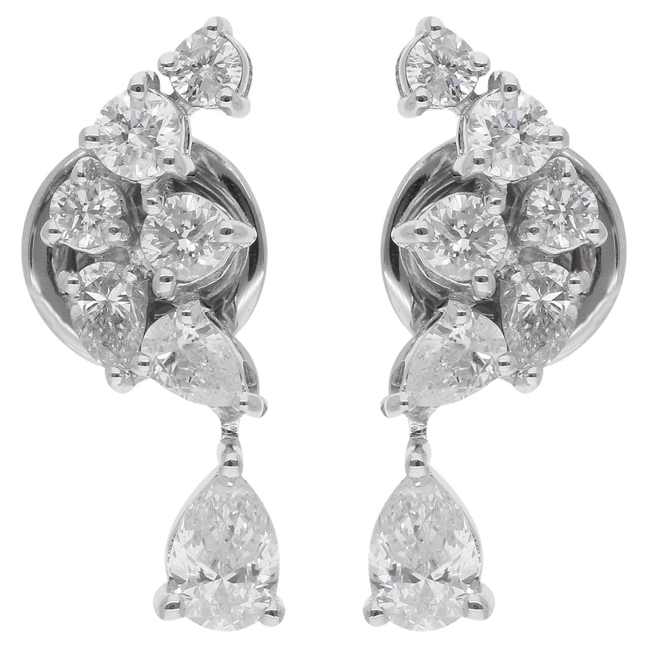 Boucles d
oreilles en or blanc massif 18 carats avec diamants ronds et poire de 1,03 carat