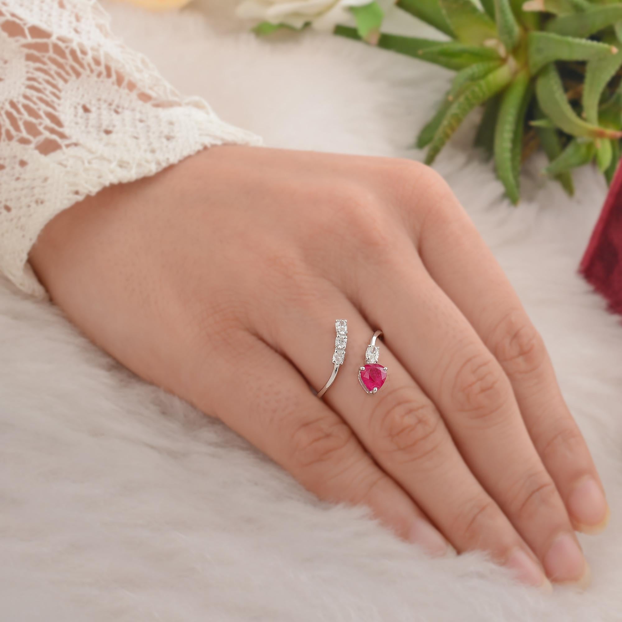 Modern 1.03 Carat Pear Ruby Wrap Ring 0.28 Carat Diamond 18 Karat White Gold Jewelry For Sale