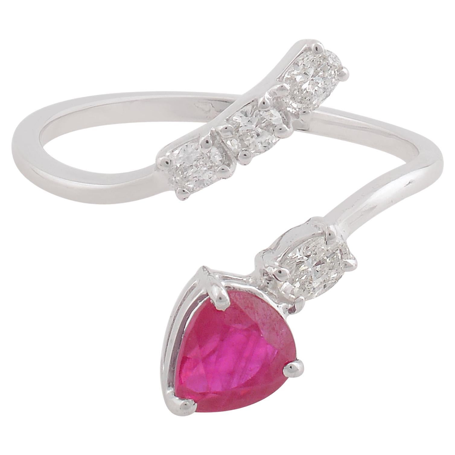 1.03 Carat Pear Ruby Wrap Ring 0.28 Carat Diamond 18 Karat White Gold Jewelry For Sale