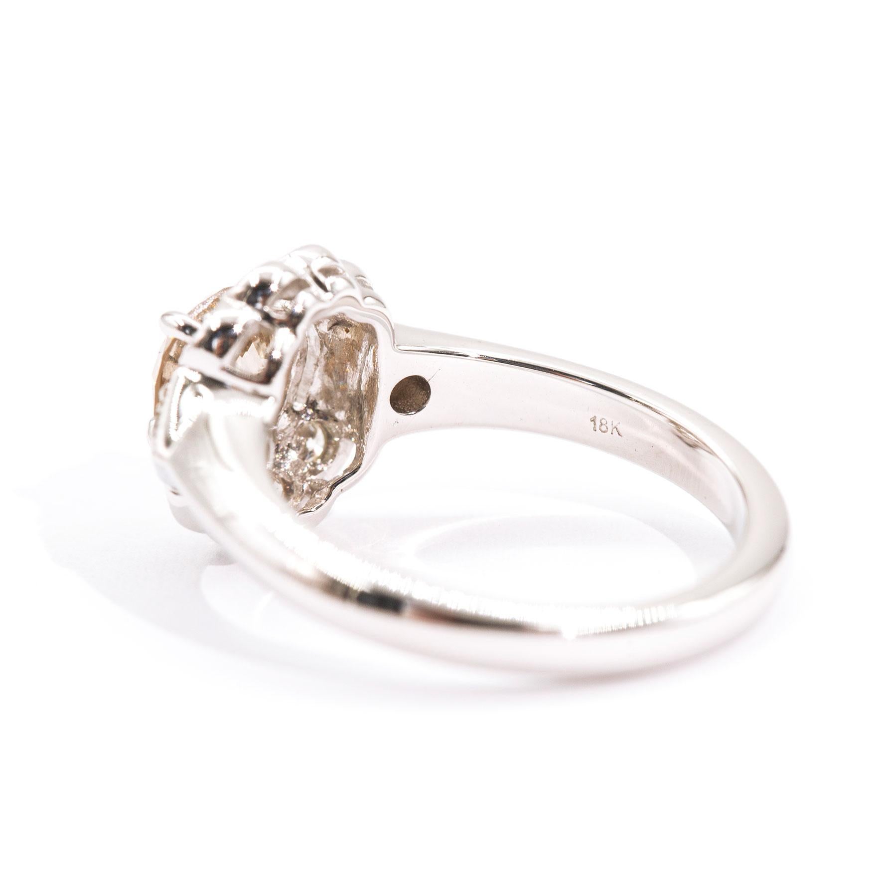 Contemporary 1.03 Carat Round Brilliant Cut Diamond 18 White Carat Gold Halo Cluster Ring For Sale