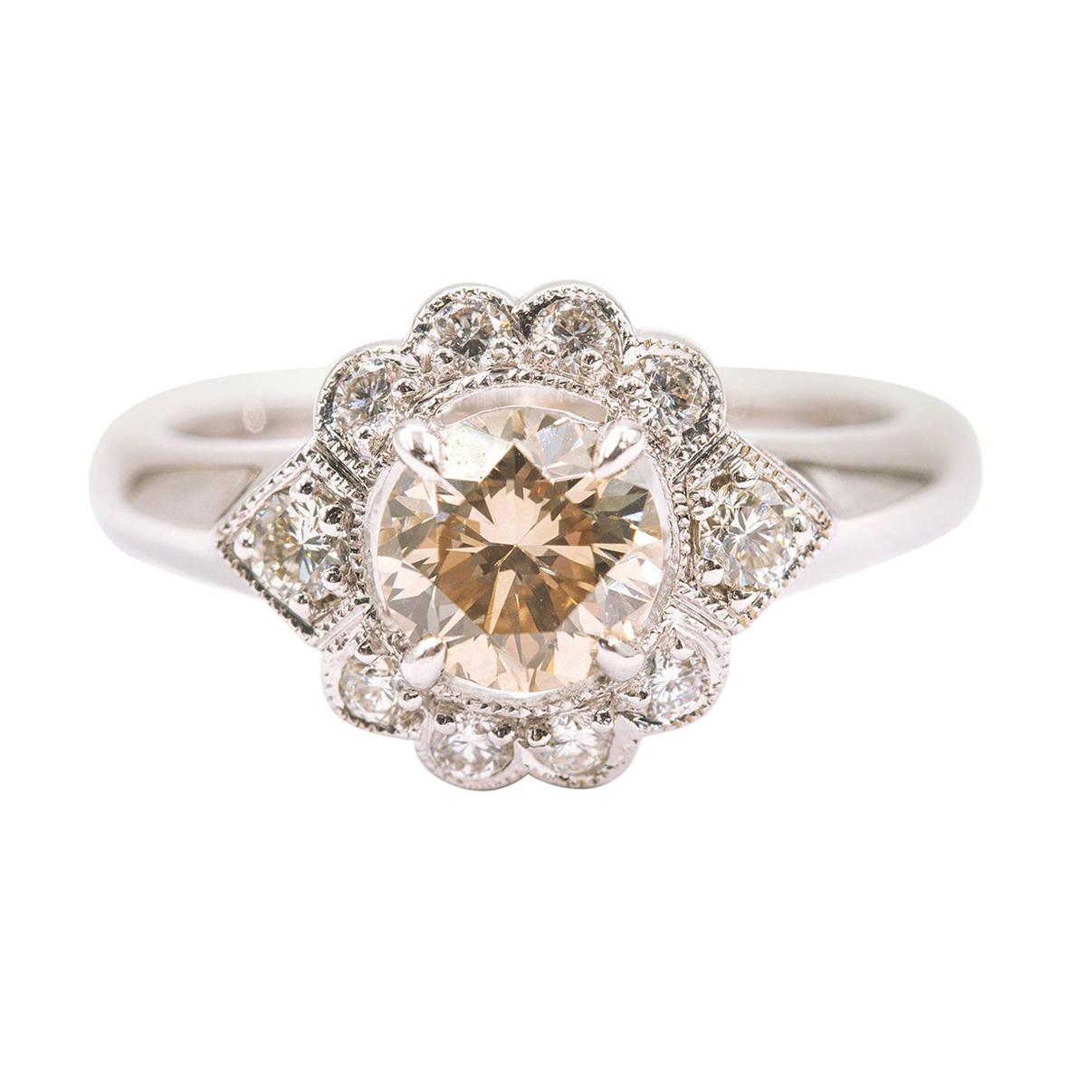 1.03 Carat Round Brilliant Cut Diamond 18 White Carat Gold Halo Cluster Ring For Sale