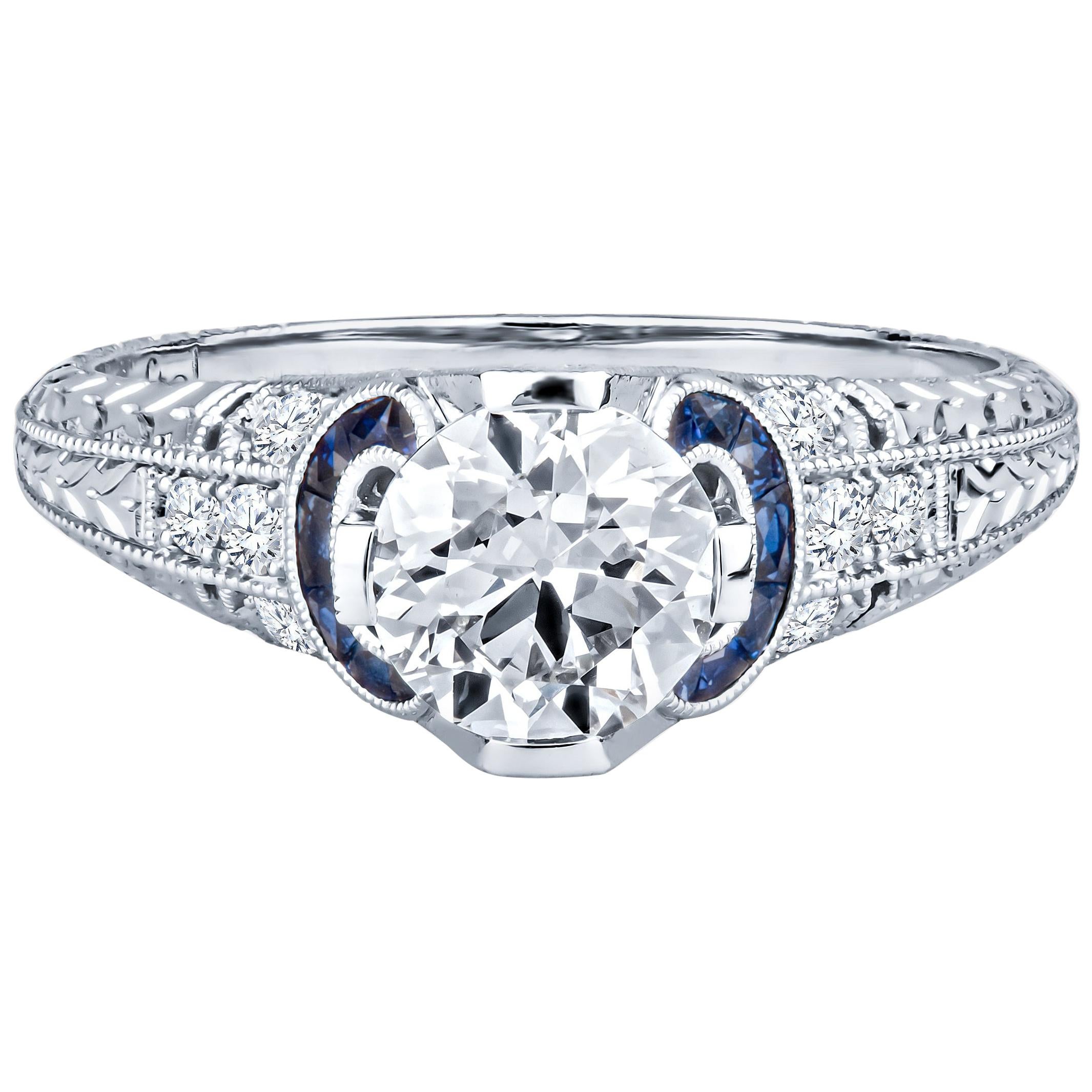 1.03 Carat Round Diamond with 0.21 Carat Sapphire Accents Vintage Inspired Ring For Sale