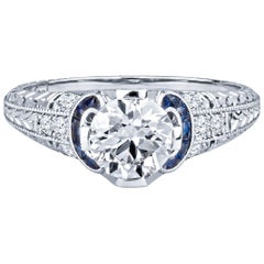 1.03 Carat Round Diamond with 0.21 Carat Sapphire Accents Vintage Inspired Ring
