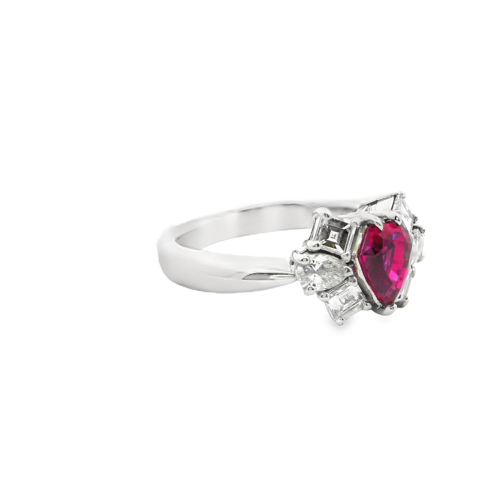 Contemporary 1.03 Carat Shield-Cut Ruby Diamond Platinum Ring, GIA Certified For Sale