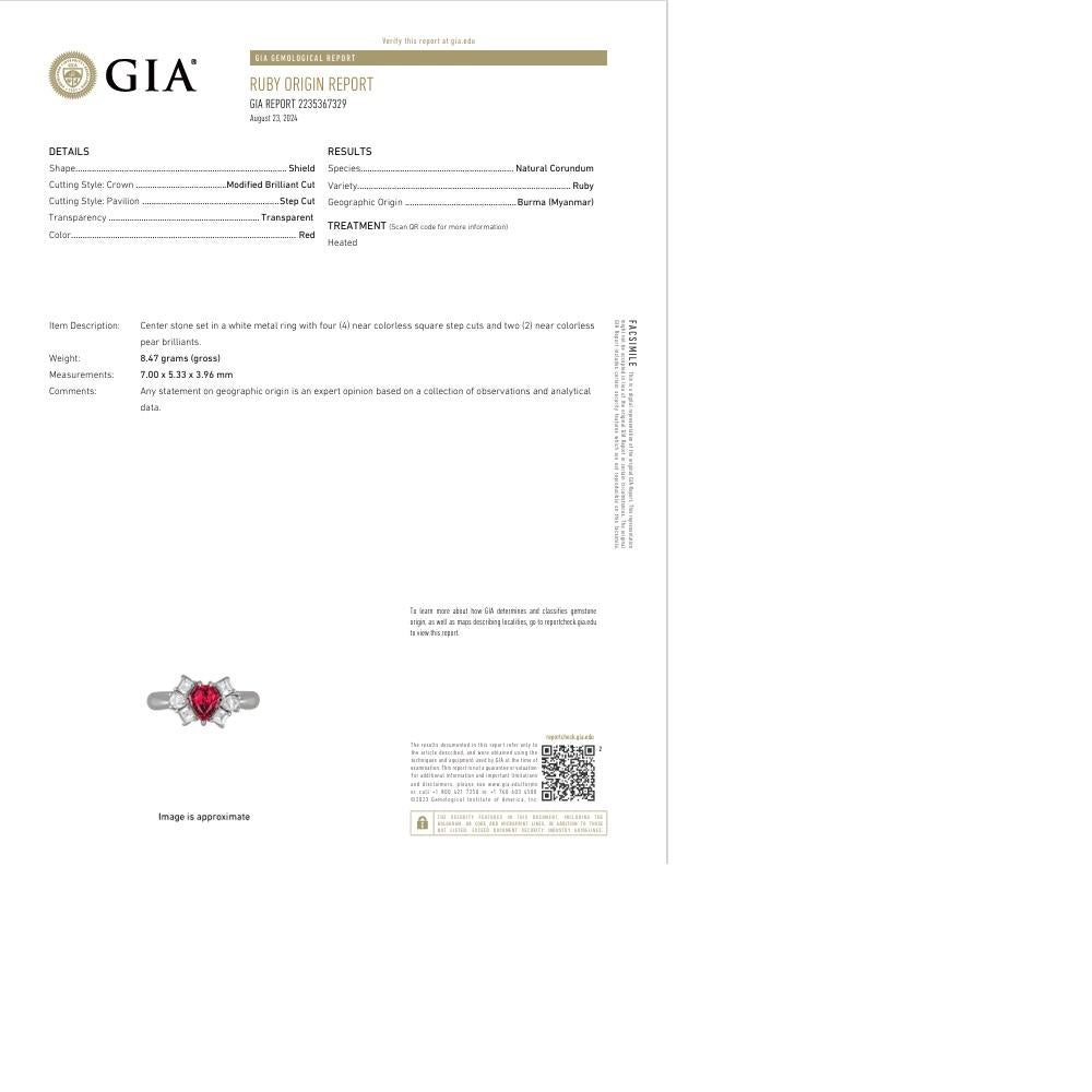 Shield Cut 1.03 Carat Shield-Cut Ruby Diamond Platinum Ring, GIA Certified For Sale