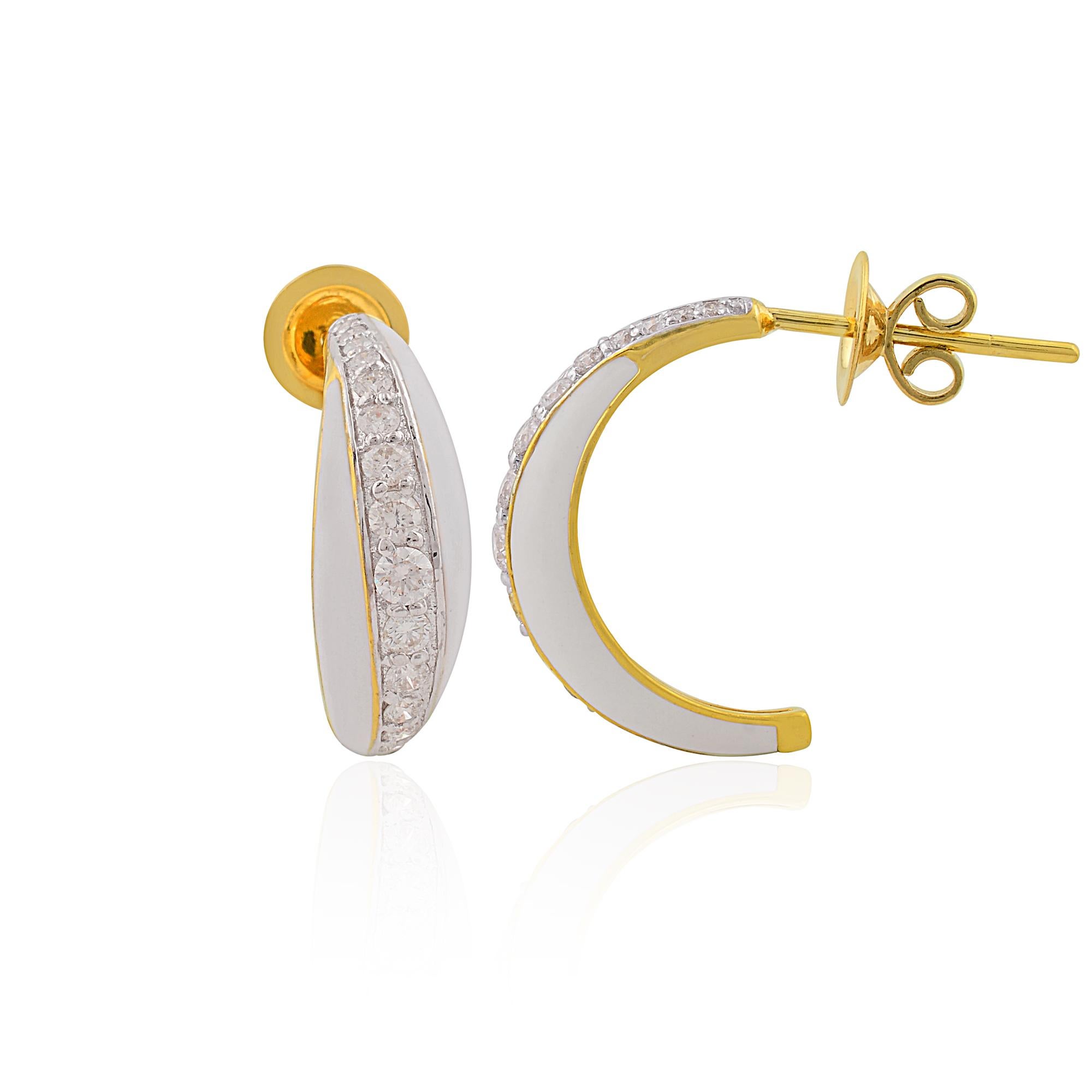 Round Cut 1.03 Carat SI/HI Diamond Cream Enamel Half Hoop Earrings 18 Karat Yellow Gold For Sale