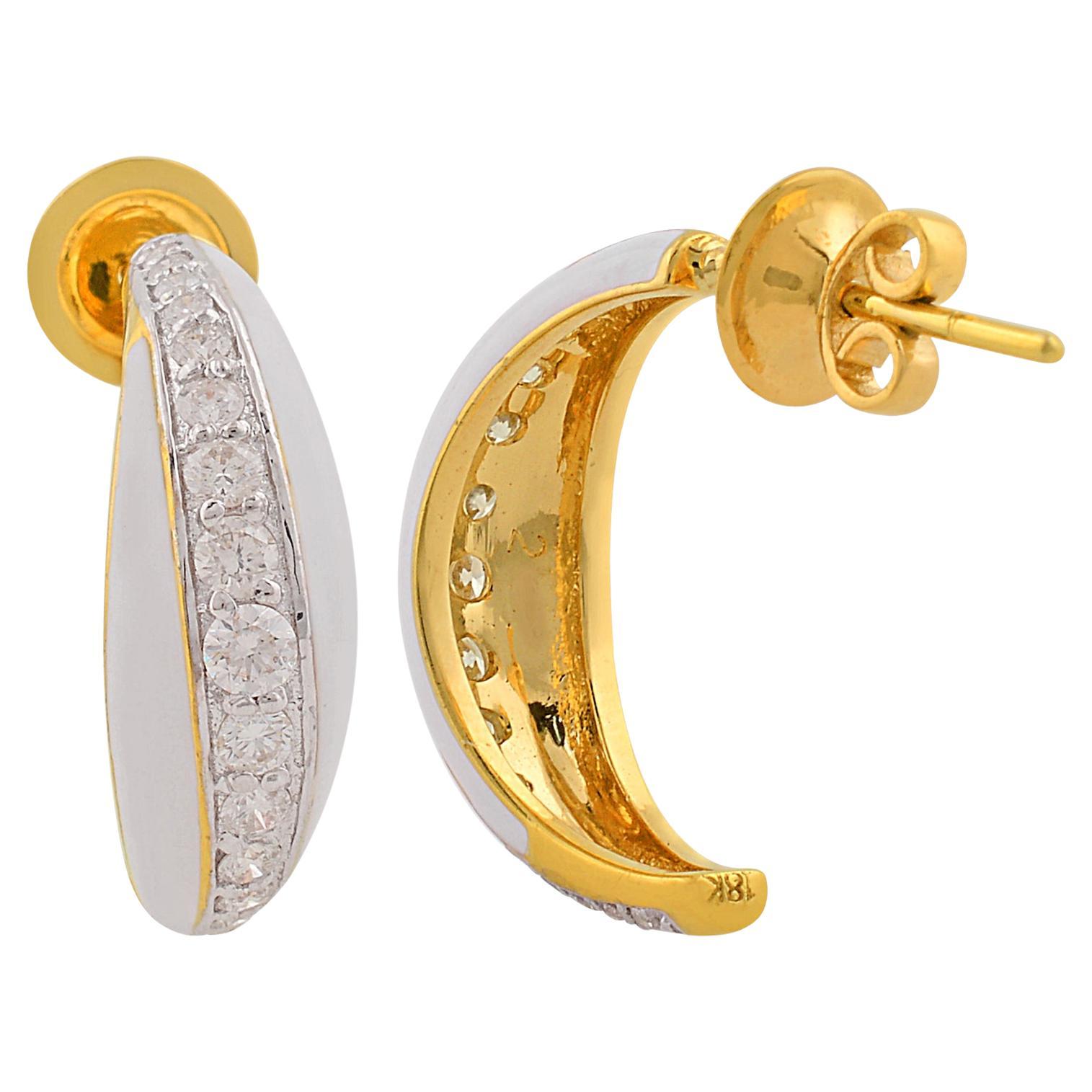 1.03 Carat SI/HI Diamond Cream Enamel Half Hoop Earrings 18 Karat Yellow Gold For Sale