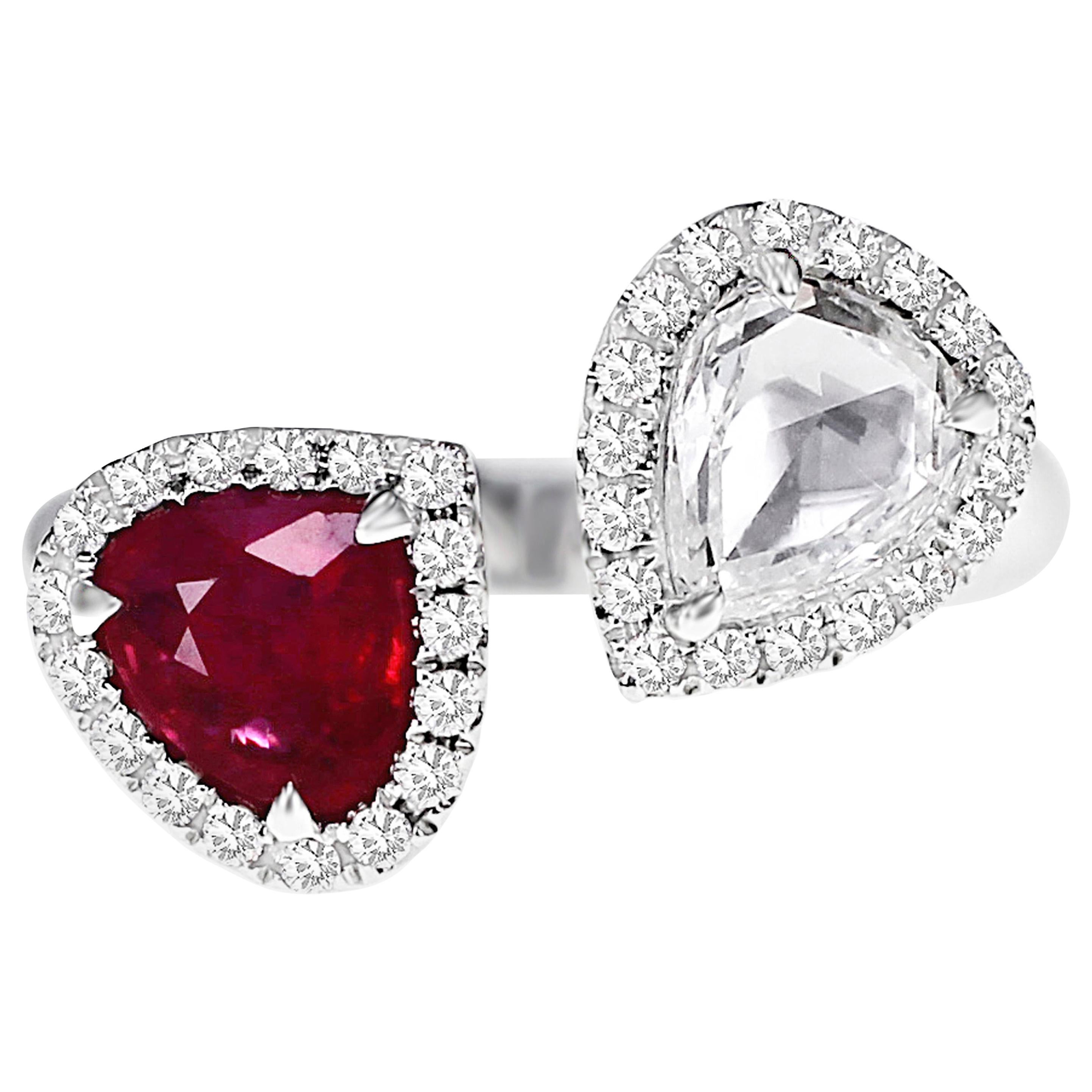 1.03 Carat Vivid Red Ruby and 1 Carat Diamond Twin Ring