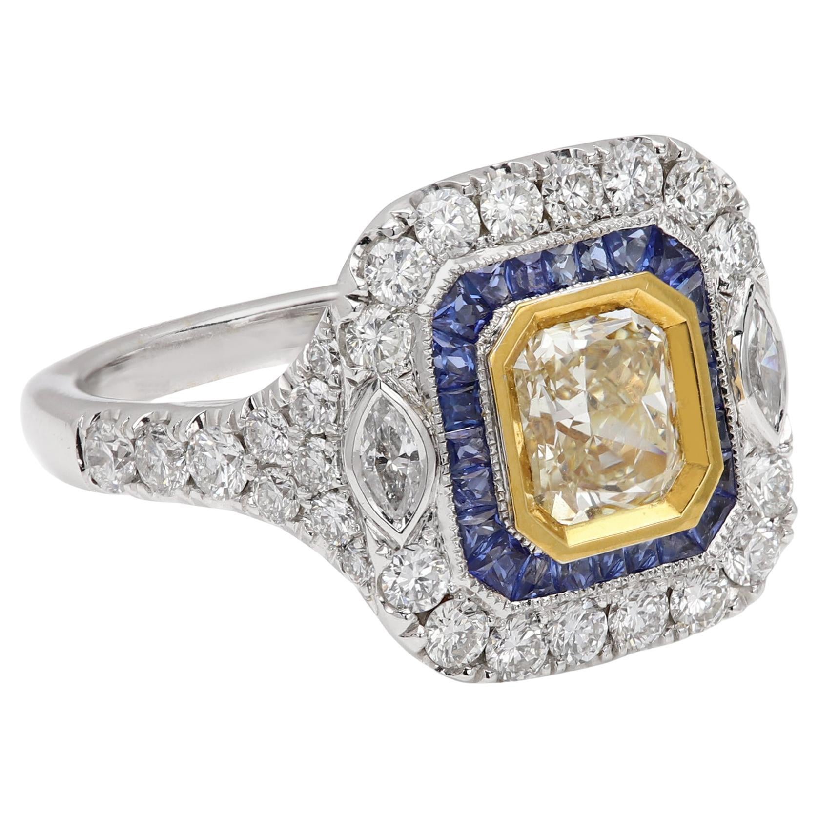 1.03 CT Art Deco Yellow Diamond Ring 18K Gold Cocktail with Blue Sapphire (#27)