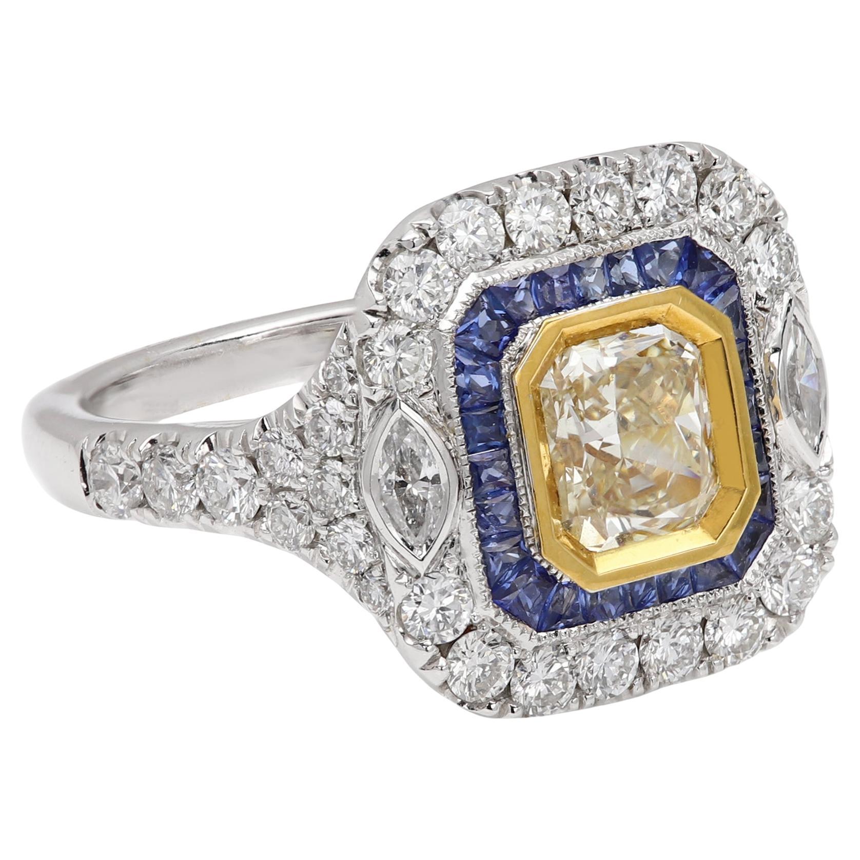 1.03 CT Art Deco Yellow Diamond Ring 18K Gold Cocktail with Blue Sapphire(#27)