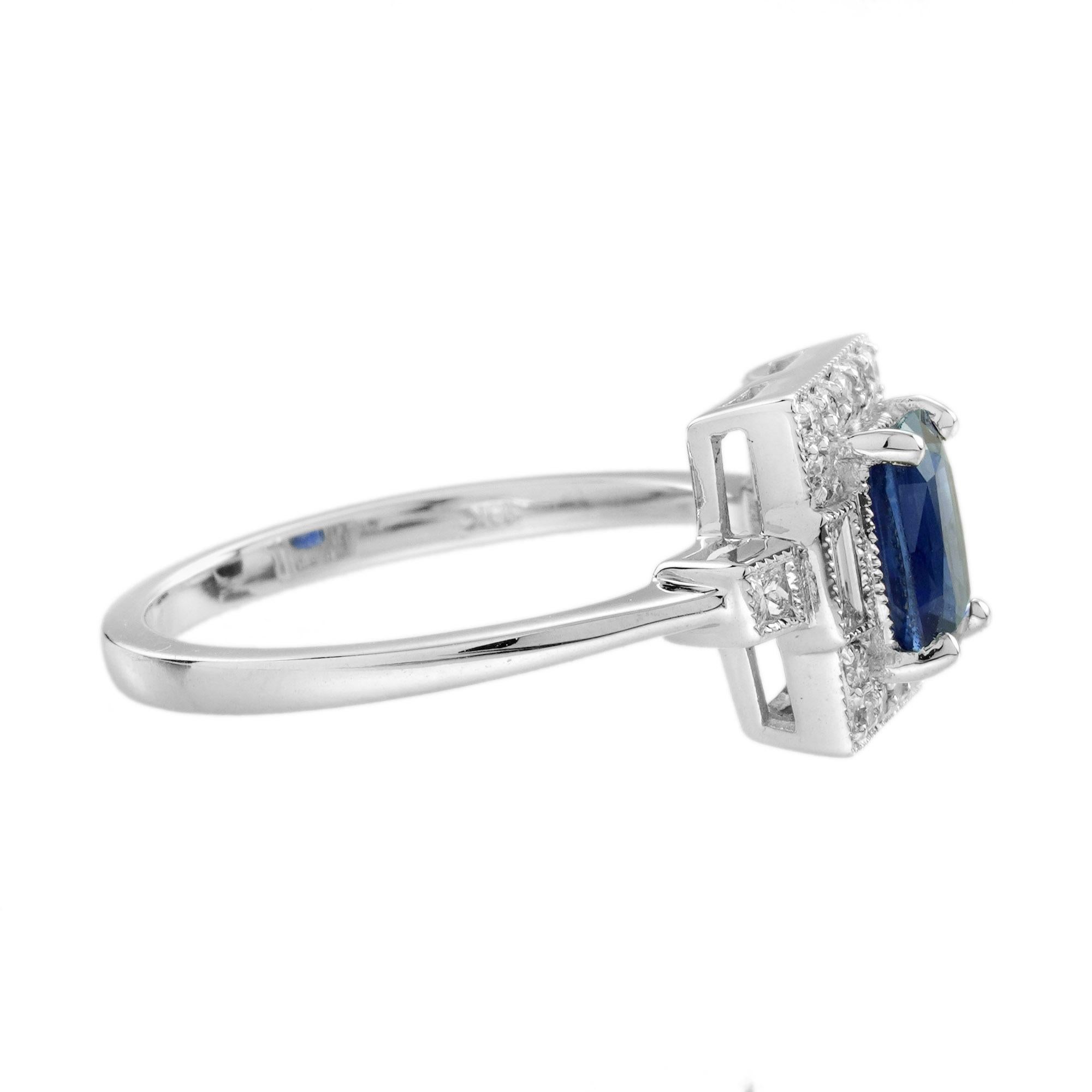 Taille coussin 1.03 Ct. Bague de fiançailles de style Art déco en or blanc 18 carats avec saphir bleu et diamant en vente