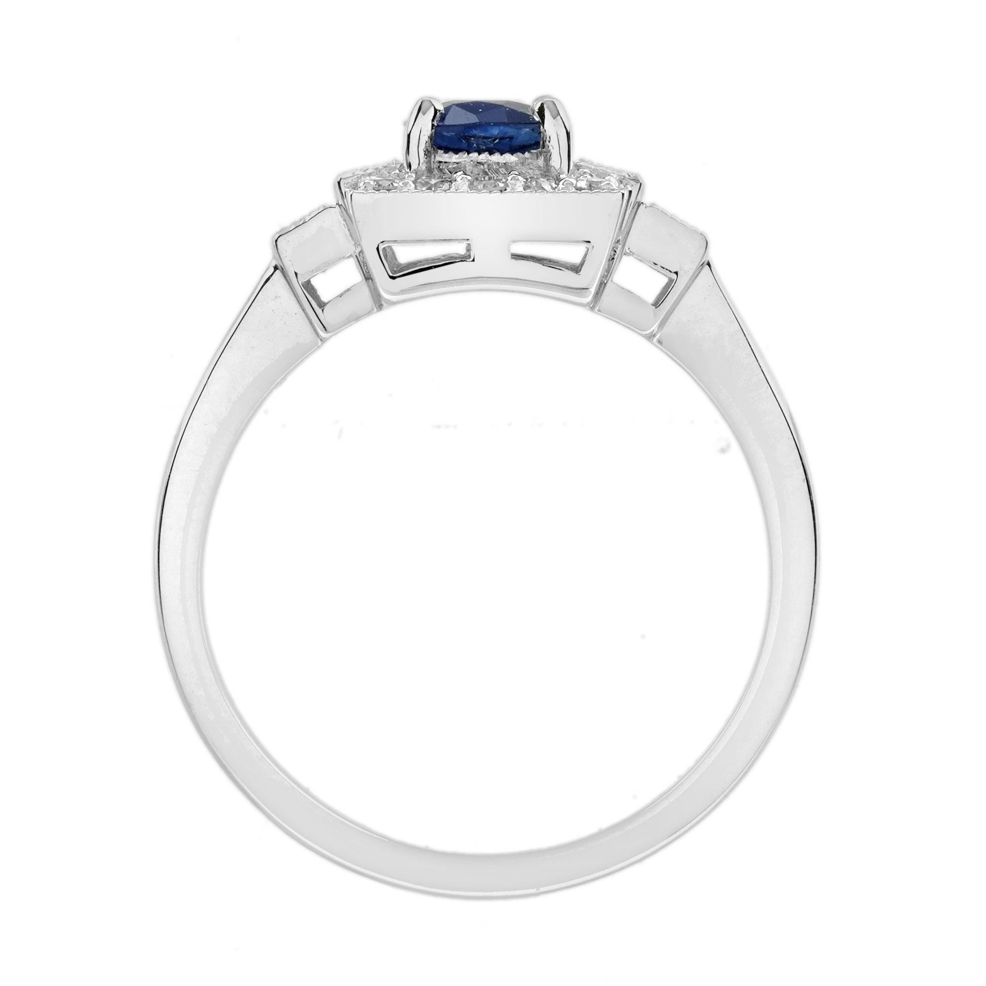 1.03 Ct. Bague de fiançailles de style Art déco en or blanc 18 carats avec saphir bleu et diamant Pour femmes en vente
