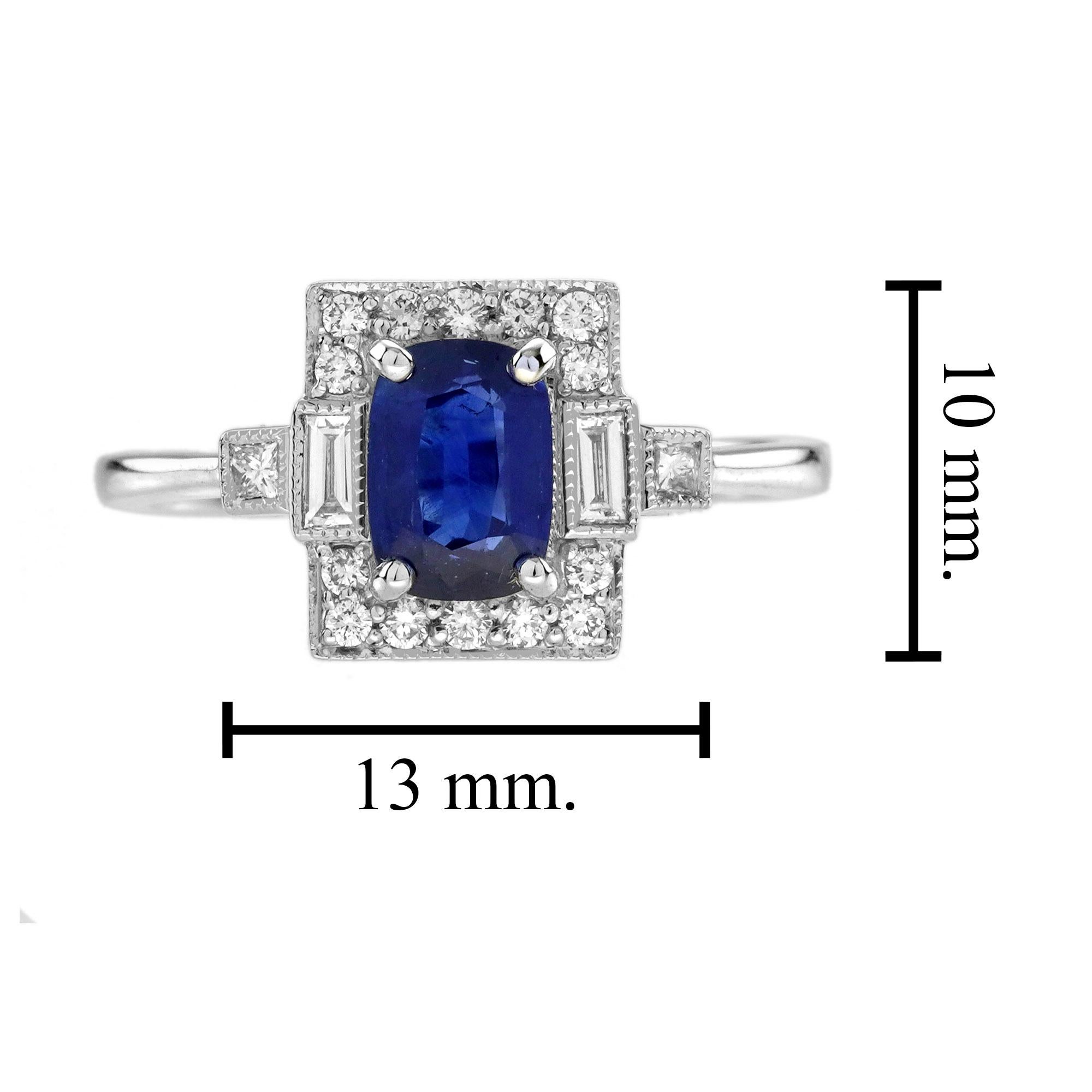 1.03 Ct. Bague de fiançailles de style Art déco en or blanc 18 carats avec saphir bleu et diamant en vente 2