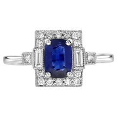 1.03 Ct. Blue Sapphire Diamond Art Deco Style Engagement Ring in 18K White Gold