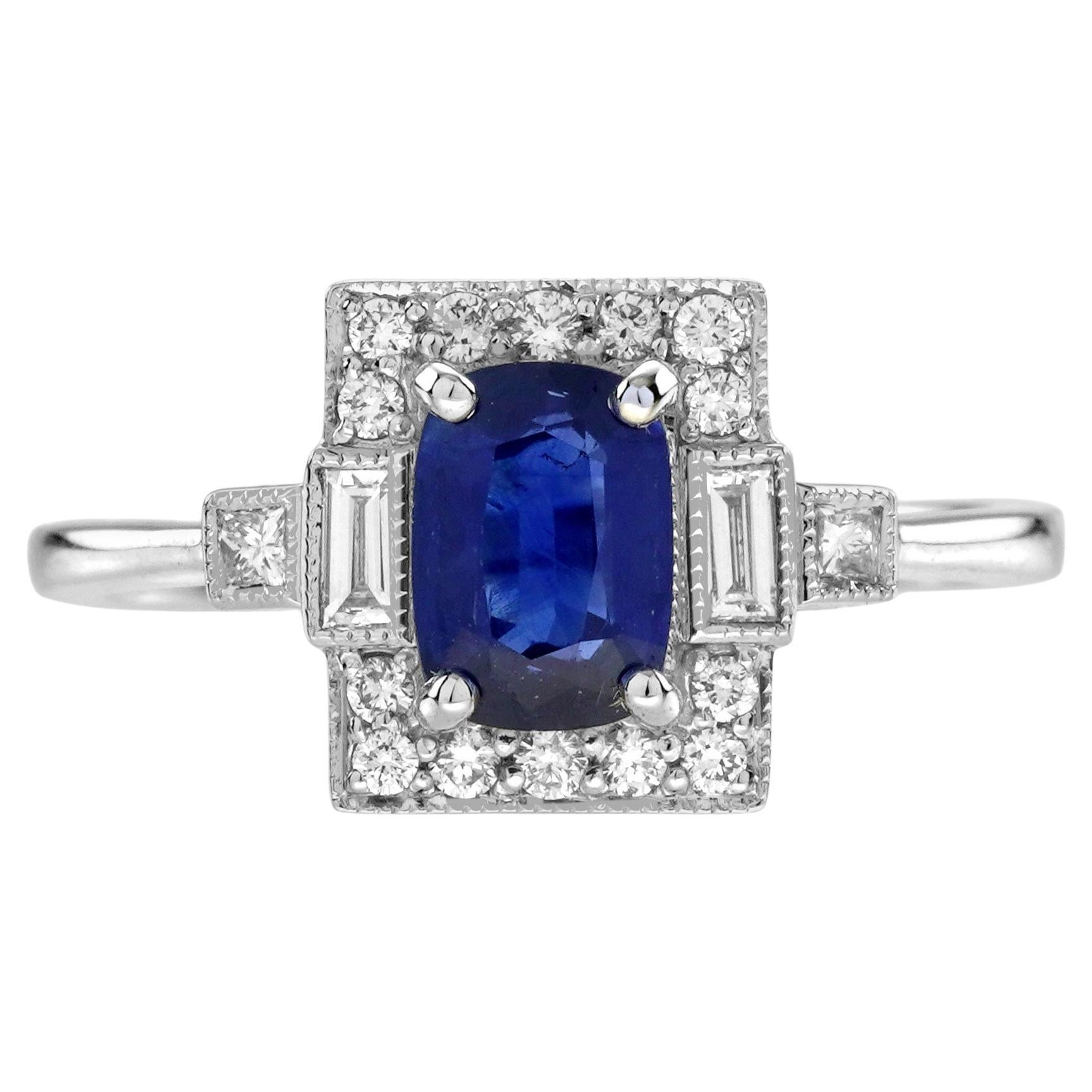 1.03 Ct. Bague de fiançailles de style Art déco en or blanc 18 carats avec saphir bleu et diamant