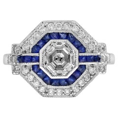 1.03 Ct. Diamond French Cut Blue Sapphire Art Deco Style Halo Ring in 18K Gold