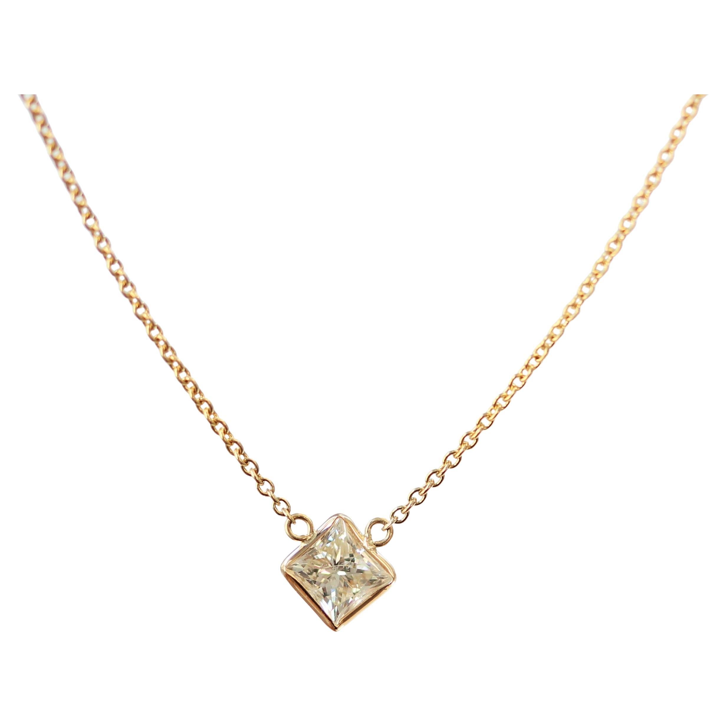 1.03 Ct Diamond Princess Delicate Handmade Solitaire Necklace In 14k Yellow Gold For Sale