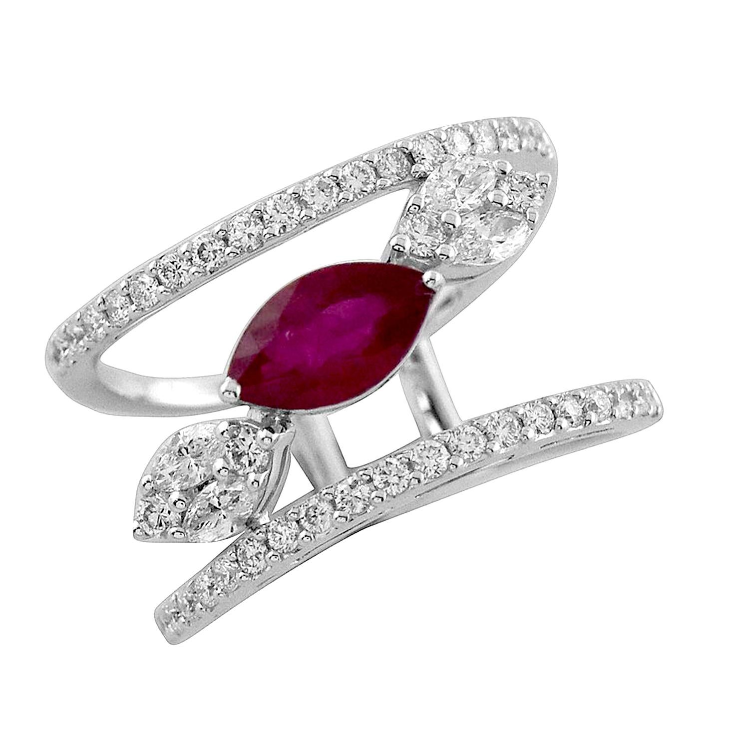 Contemporary 1.03 Ct Marquise Shaped Ruby Wide Ring With Diamonds Made In 18k White Gold For Sale
